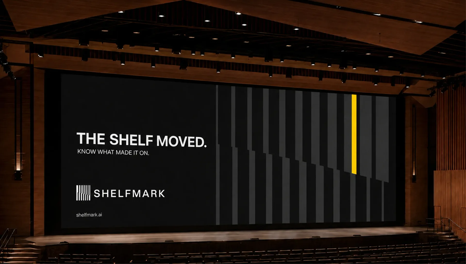 Shelfmark — Shelfmark stage screen with the headline The shelf moved, Know what made it on, and a large vertical signal pattern