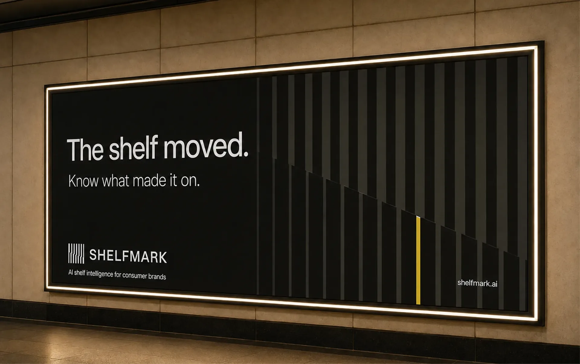 Shelfmark — Shelfmark illuminated wall billboard with the headline The shelf moved, Know what made it on