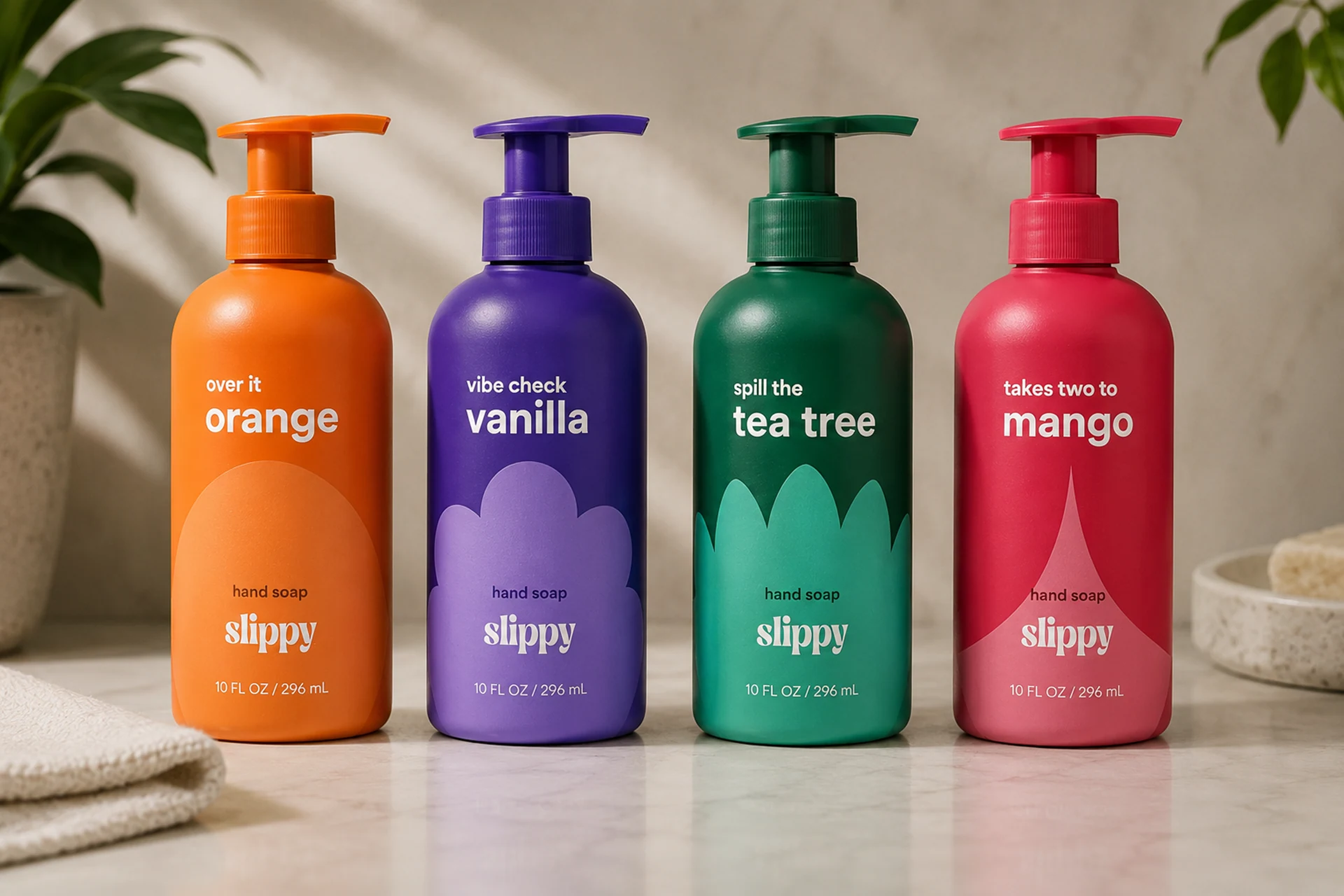 Slippy hand soap family in orange, vanilla, tea tree, and mango with a color-coded packaging system