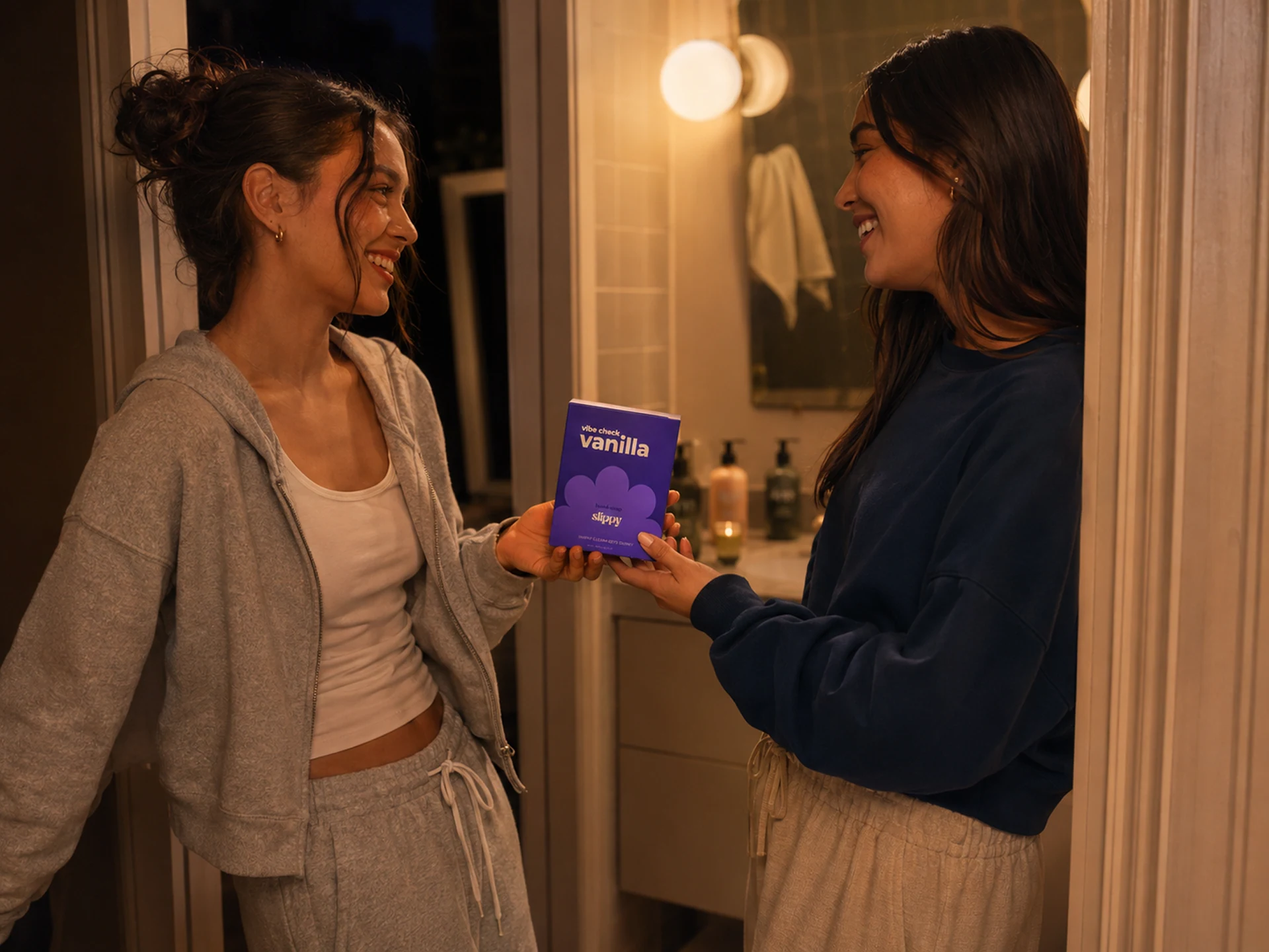 Slippy — Doorway handoff of a Slippy vanilla box between friends at night