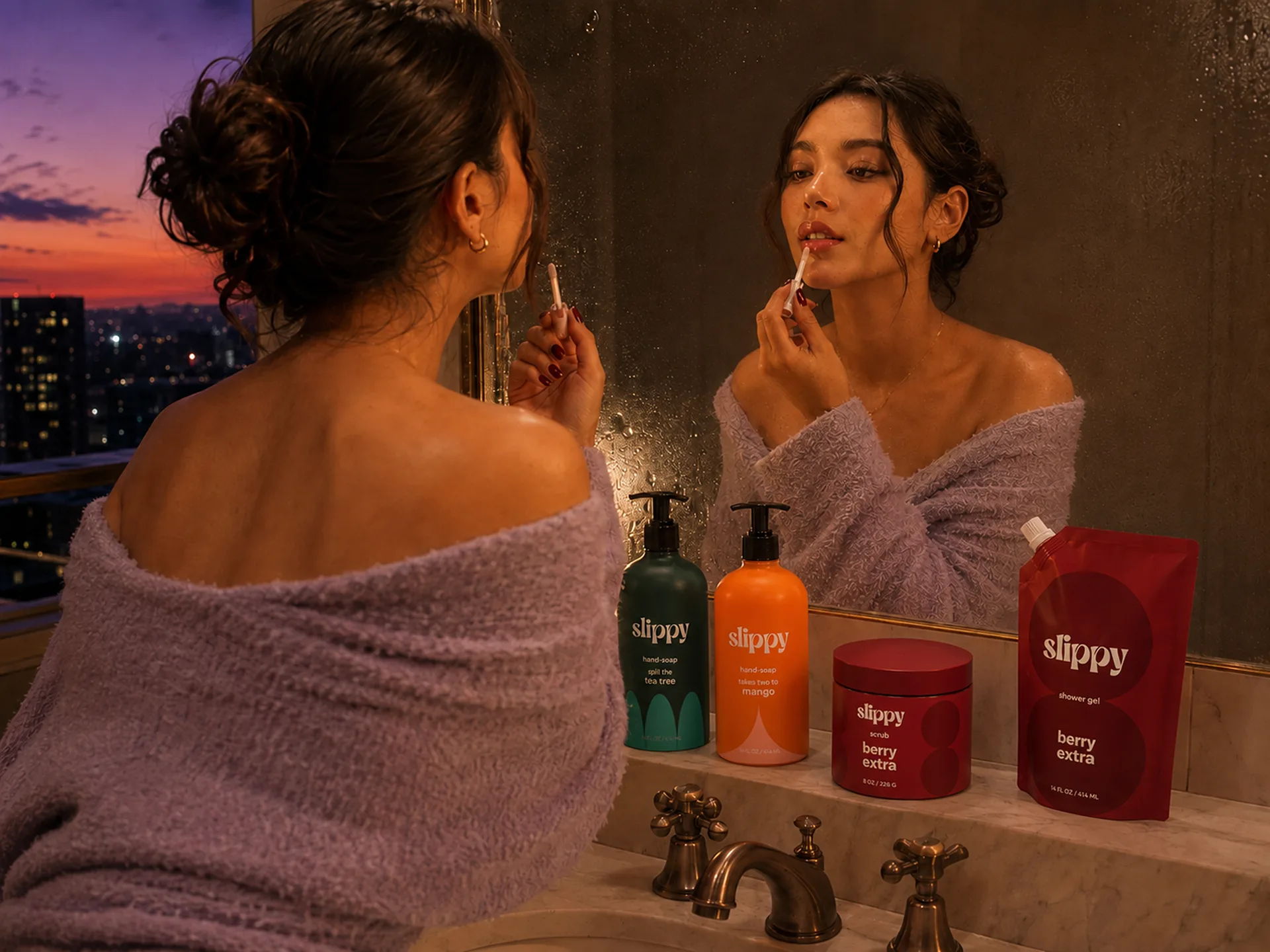 Slippy — Mirror-side night routine with Slippy hand soaps, scrub, and shower gel arranged along a steamy bathroom sink