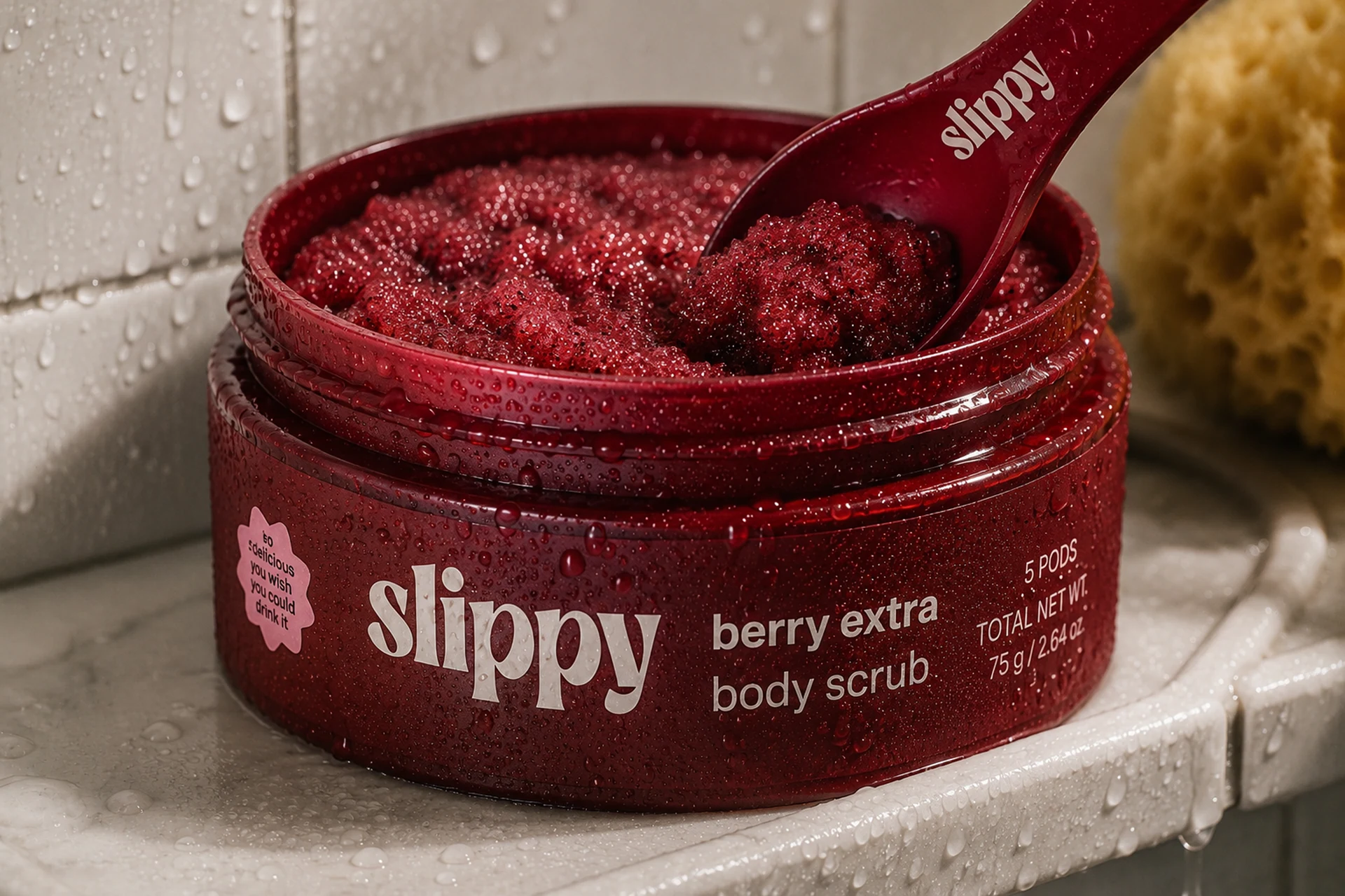 Slippy — Close detail of the berry extra body scrub jar, spoon, water beads, and saturated red scrub texture