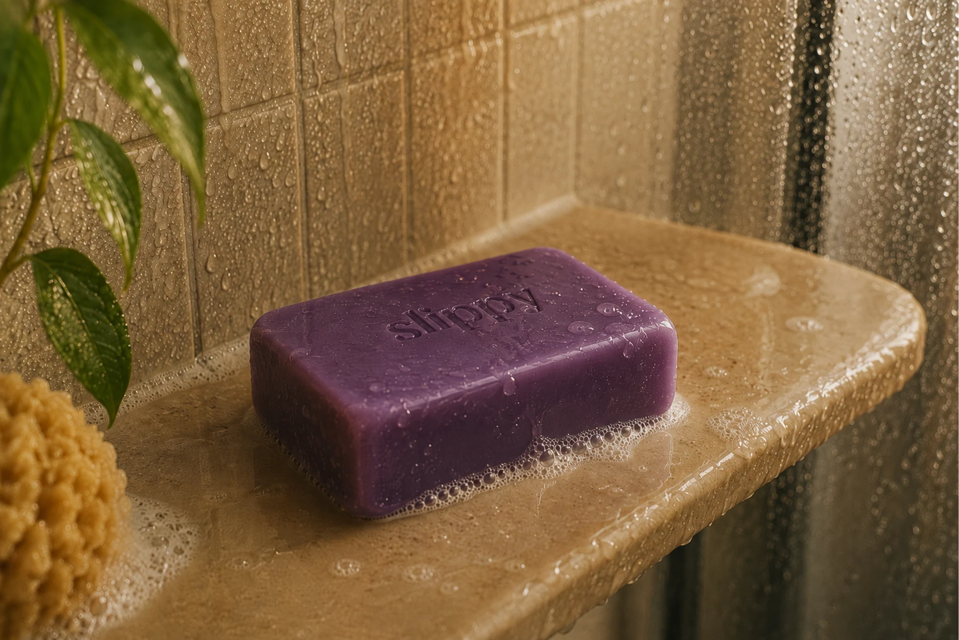 Slippy — Purple Slippy bar soap embossed on a wet shower ledge with warm tile and water texture