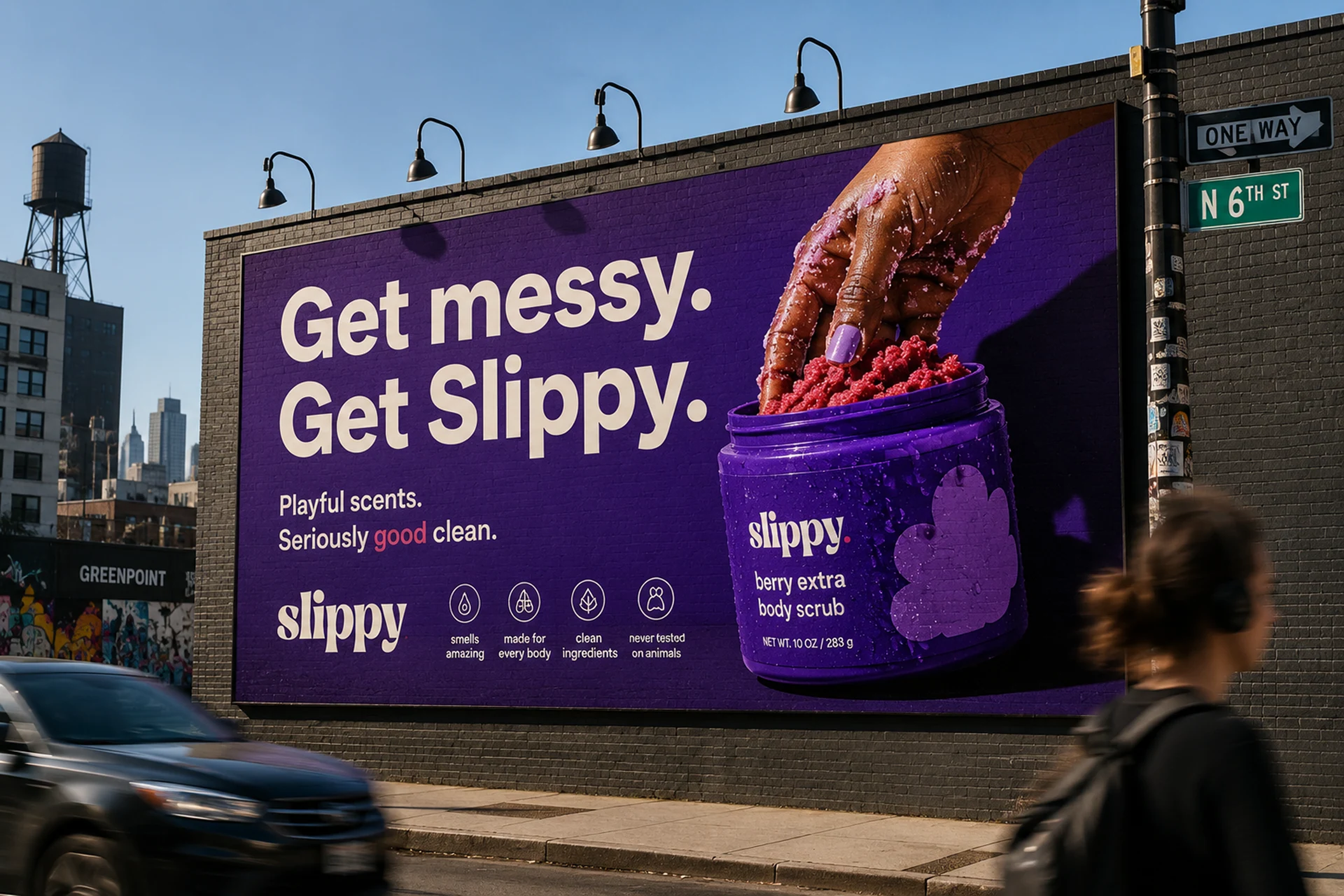 Slippy — Street-level Slippy billboard reading 'Get messy. Get Slippy.' with campaign icons and a wet scrub product visual