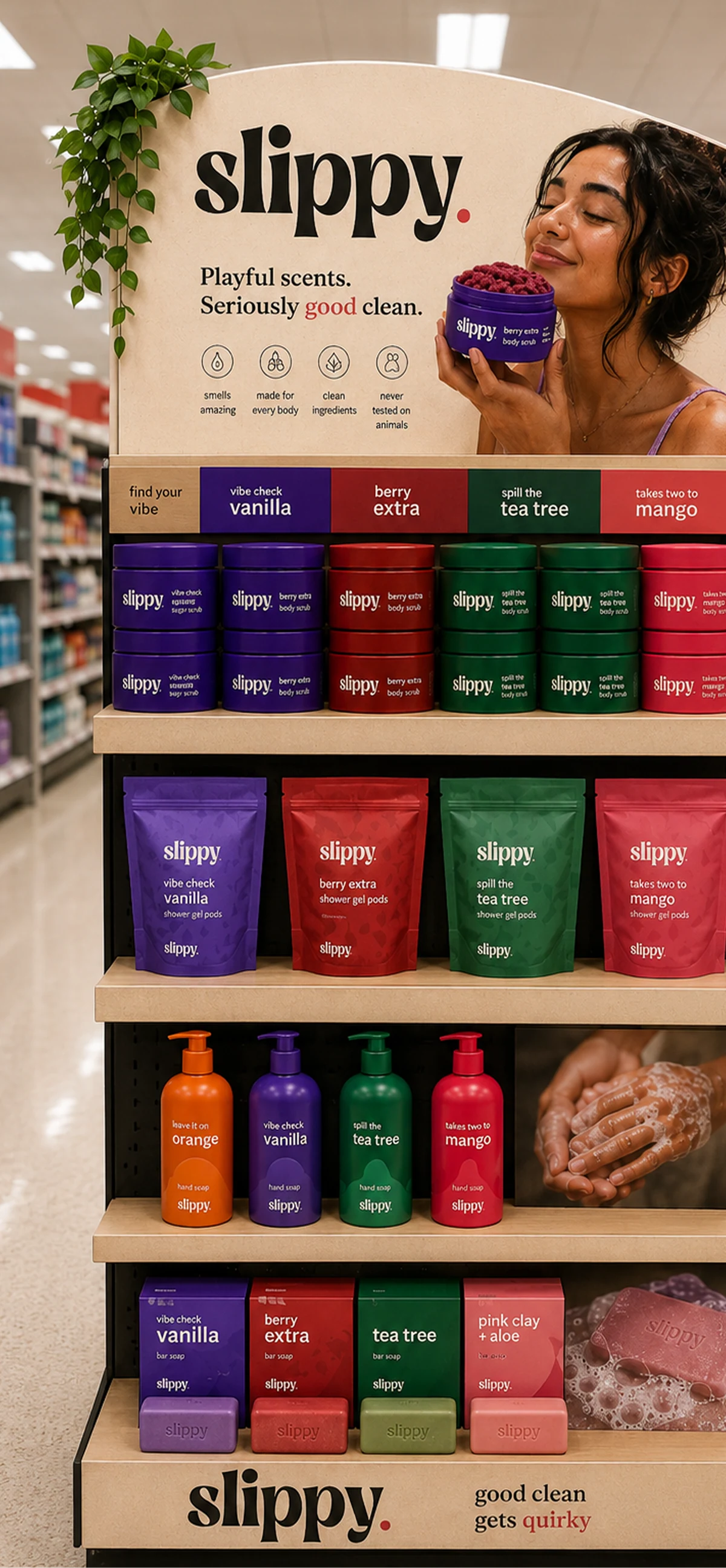 Slippy retail endcap with color-coded body scrubs, shower gel pods, hand soaps, and boxed bar soaps