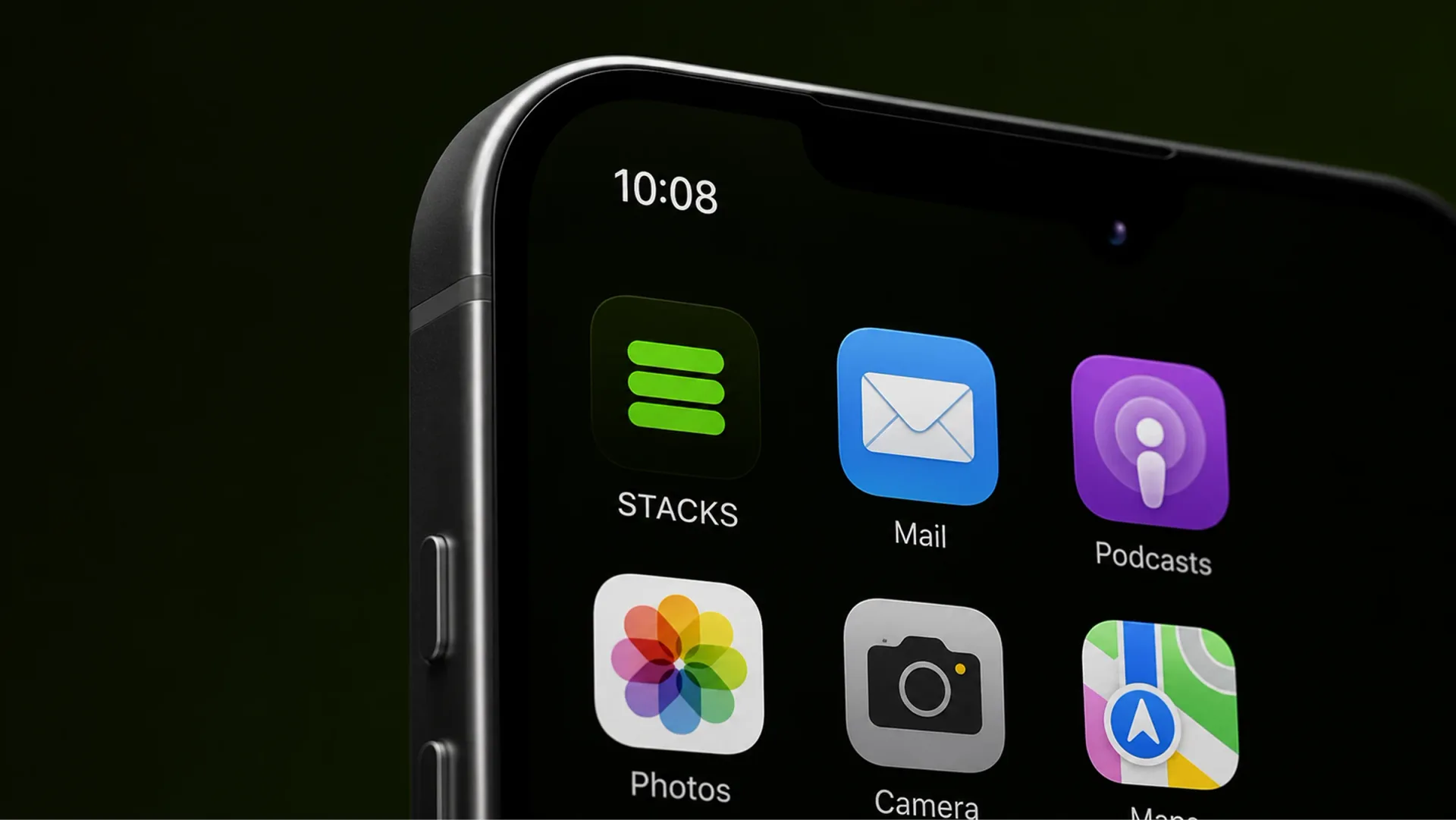 Stacks — Phone home screen showing the green Stacks app icon on a dark background