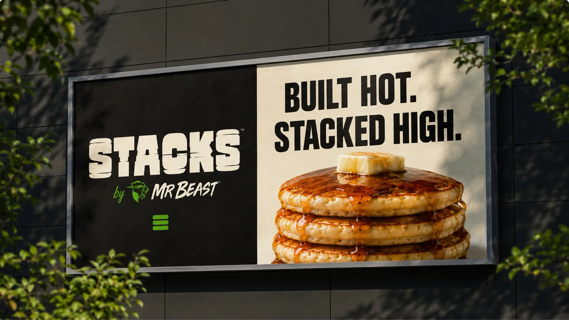Stacks — Stacks by MrBeast billboard with pancake photography and Built Hot Stacked High campaign copy