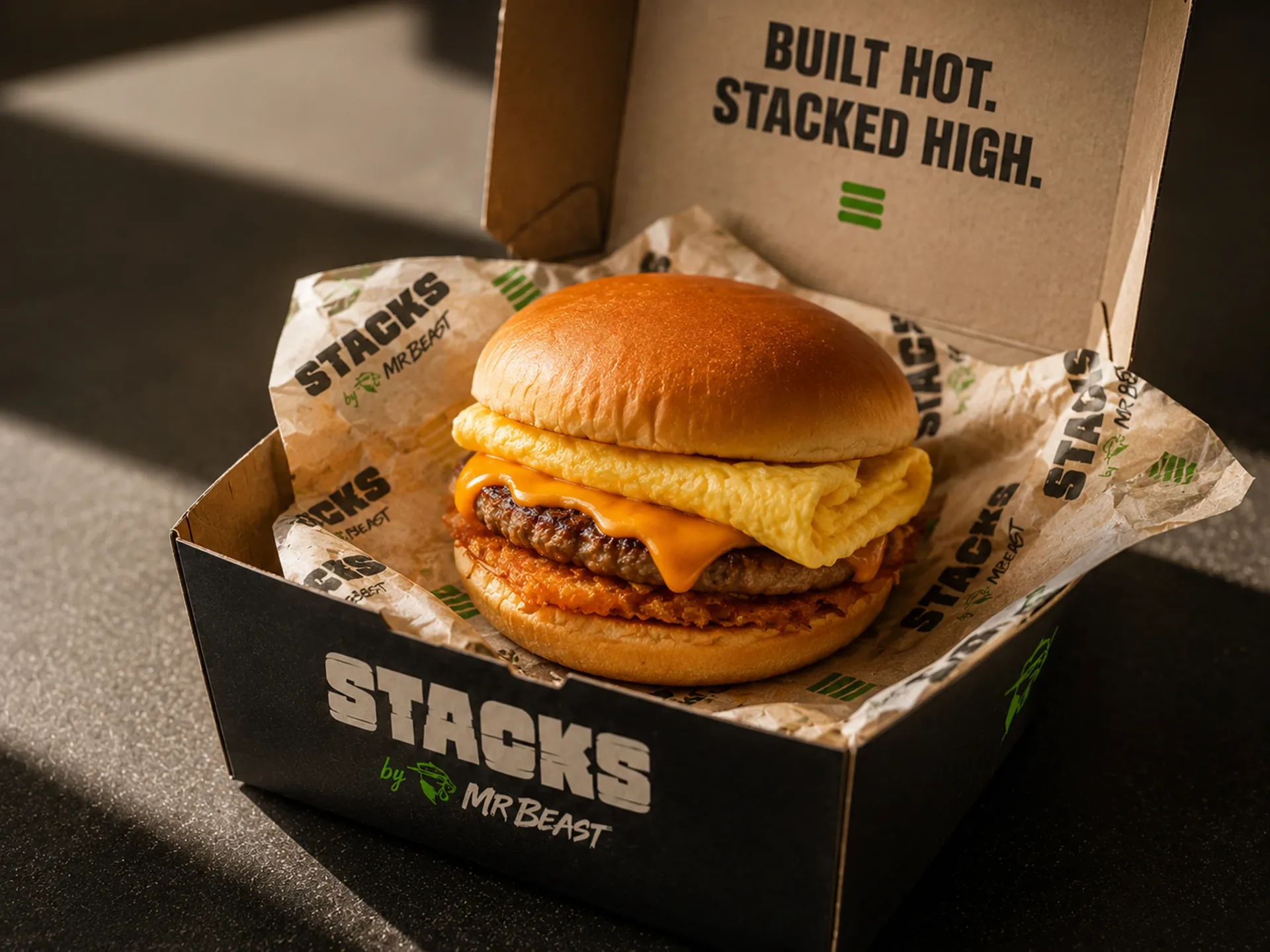 Stacks — Stacks breakfast sandwich in a black takeout box with branded wrap and built hot stacked high lid copy