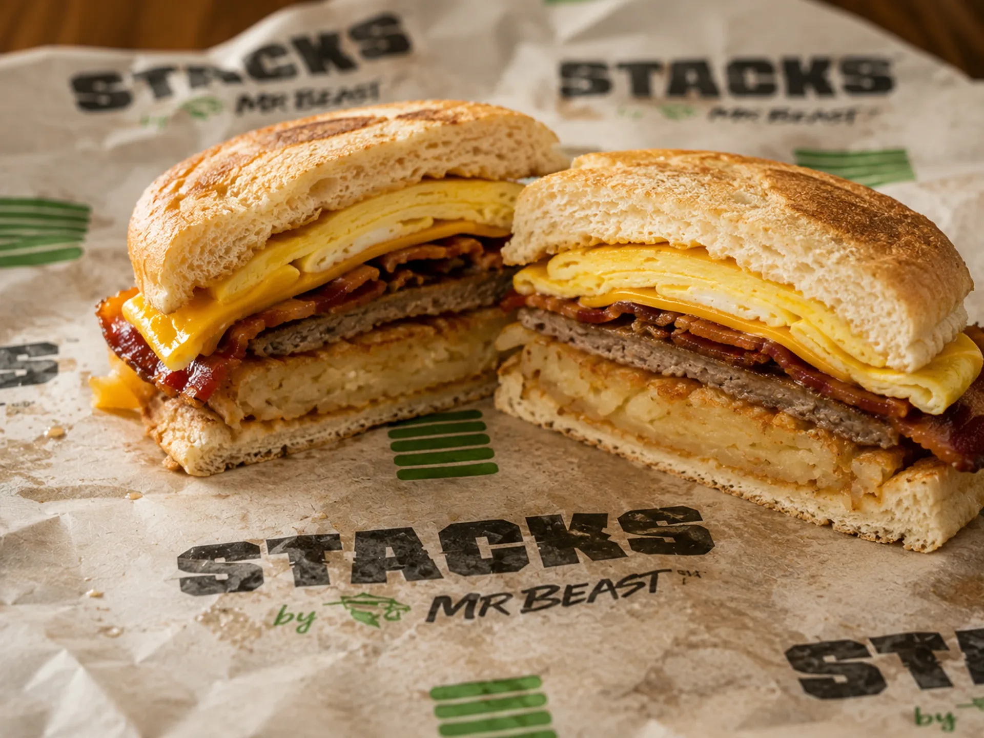 Stacks — Stacks by MrBeast breakfast sandwich cut in half on branded wrap paper