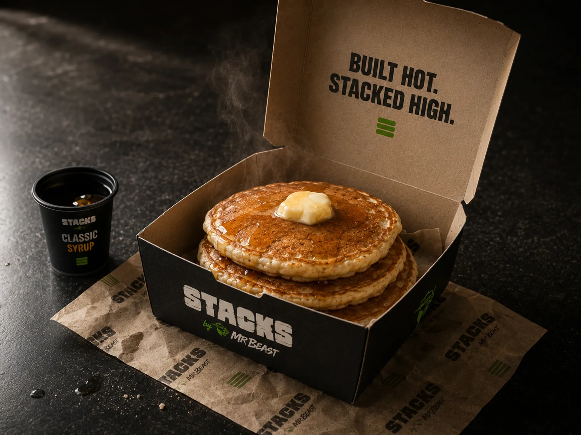 Stacks — Stacks by MrBeast pancake stack in a black branded box with syrup, coffee cup, and built hot stacked high lid copy