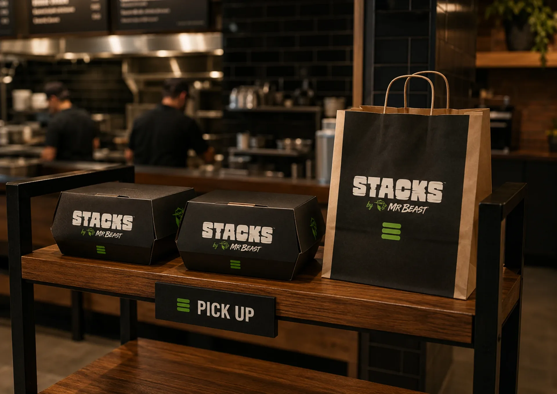 Stacks — Stacks pickup counter display with black takeout boxes and kraft bag in a restaurant interior