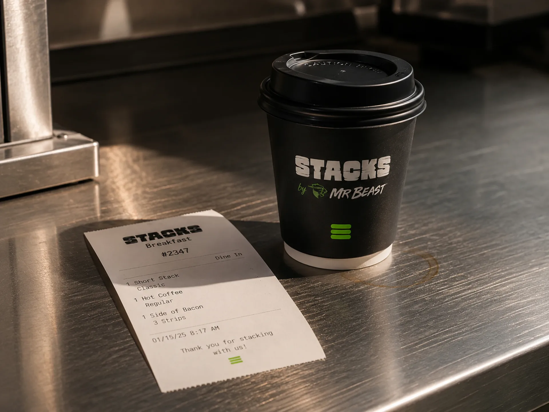Stacks — Stacks coffee cup and printed receipt on a stainless counter