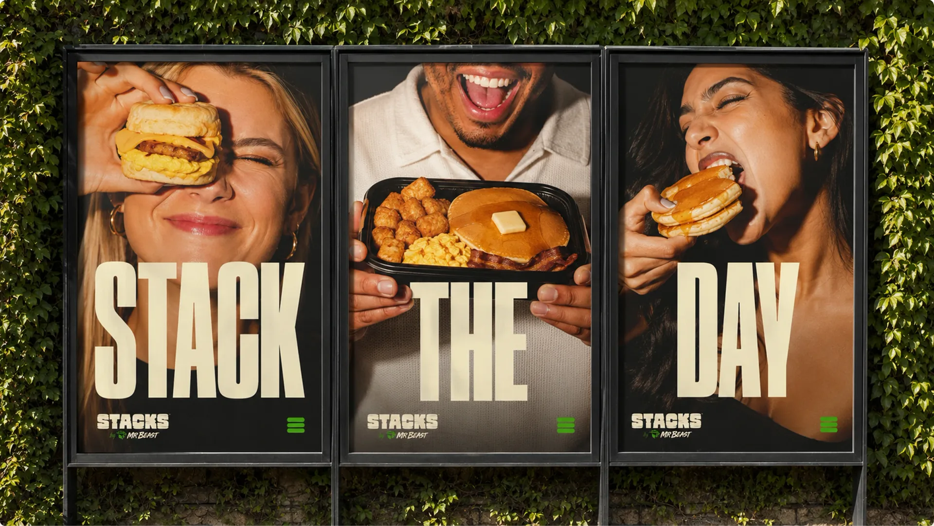 Stacks — Three Stacks Stack the Day posters featuring people eating breakfast sandwiches, pancakes, and bites