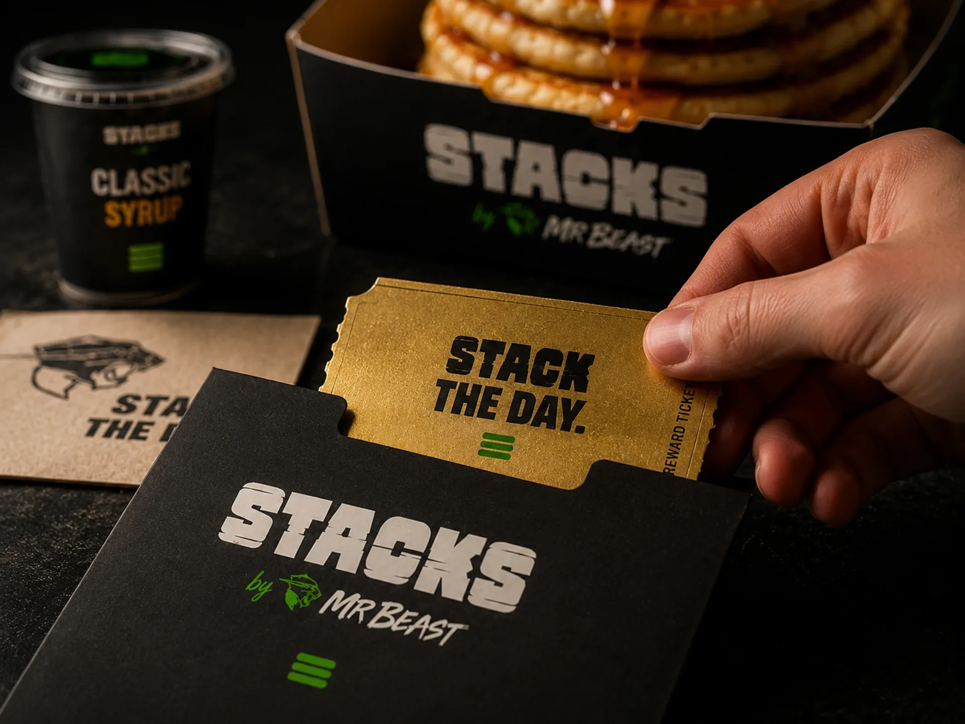 Stacks — Hand pulling a gold Stack the Day ticket from a Stacks branded sleeve beside syrup and pancakes