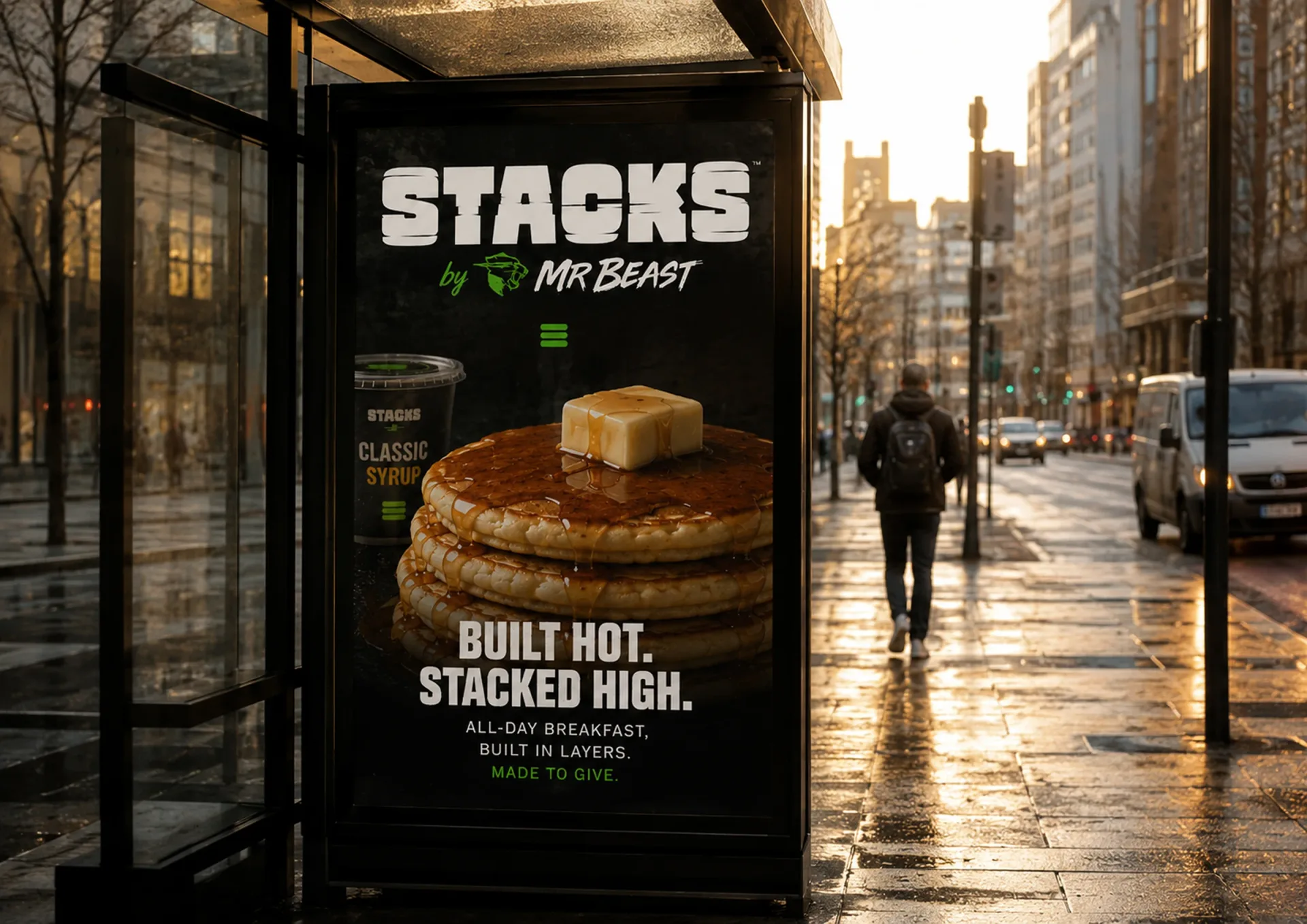 Stacks — Stacks street poster at a rainy transit stop with pancake photography and built hot stacked high campaign copy