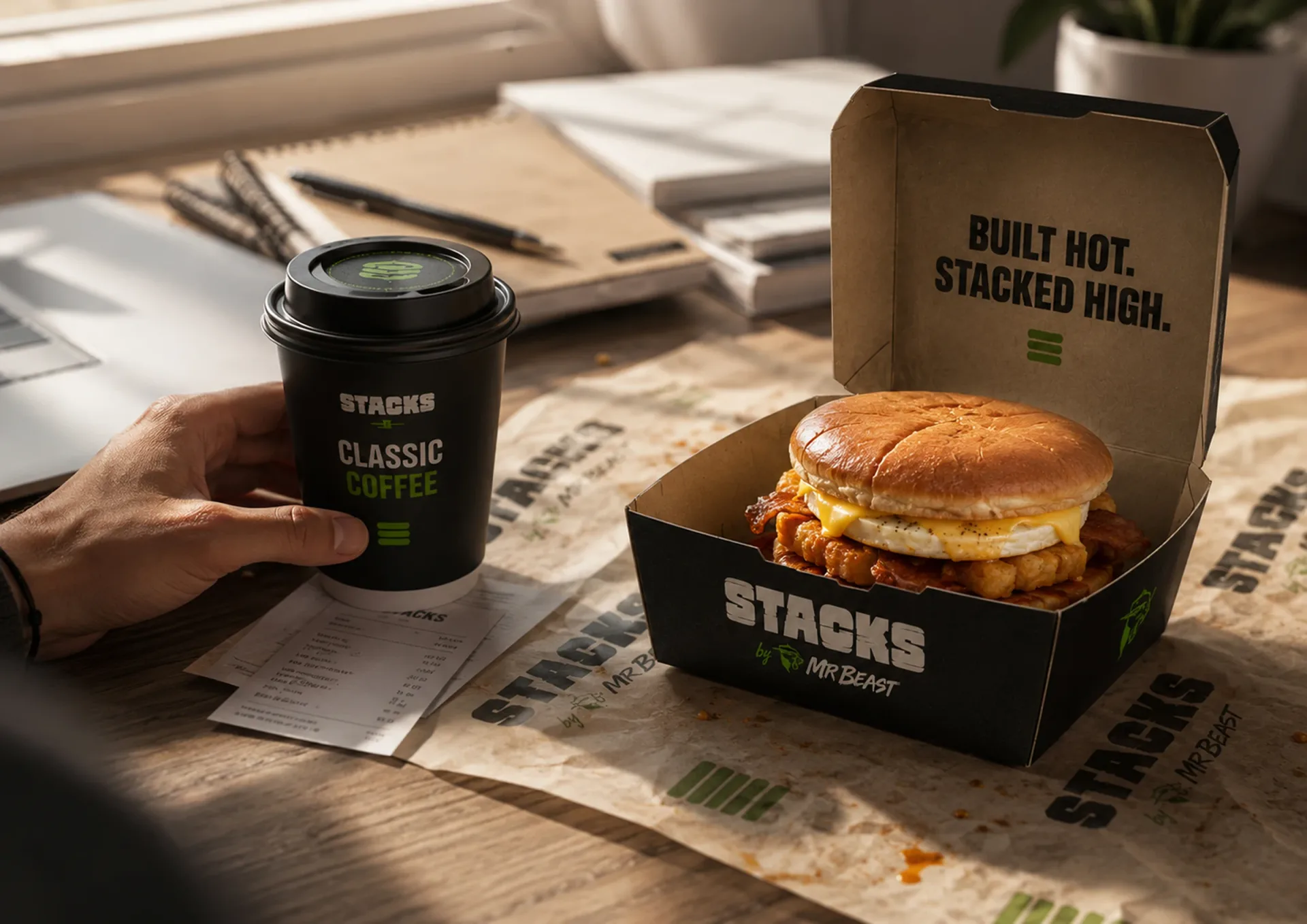 Stacks — Stacks breakfast sandwich box, coffee cup, and receipt arranged on a sunlit table