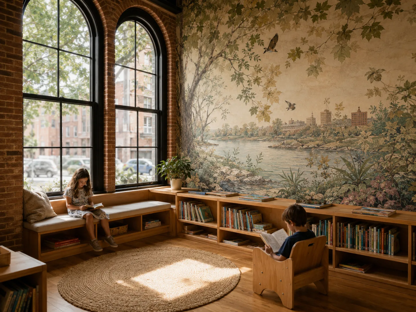 The Bilton School — Brick reading nook with arched windows, river-and-city mural, and low bookshelves along a circular jute rug