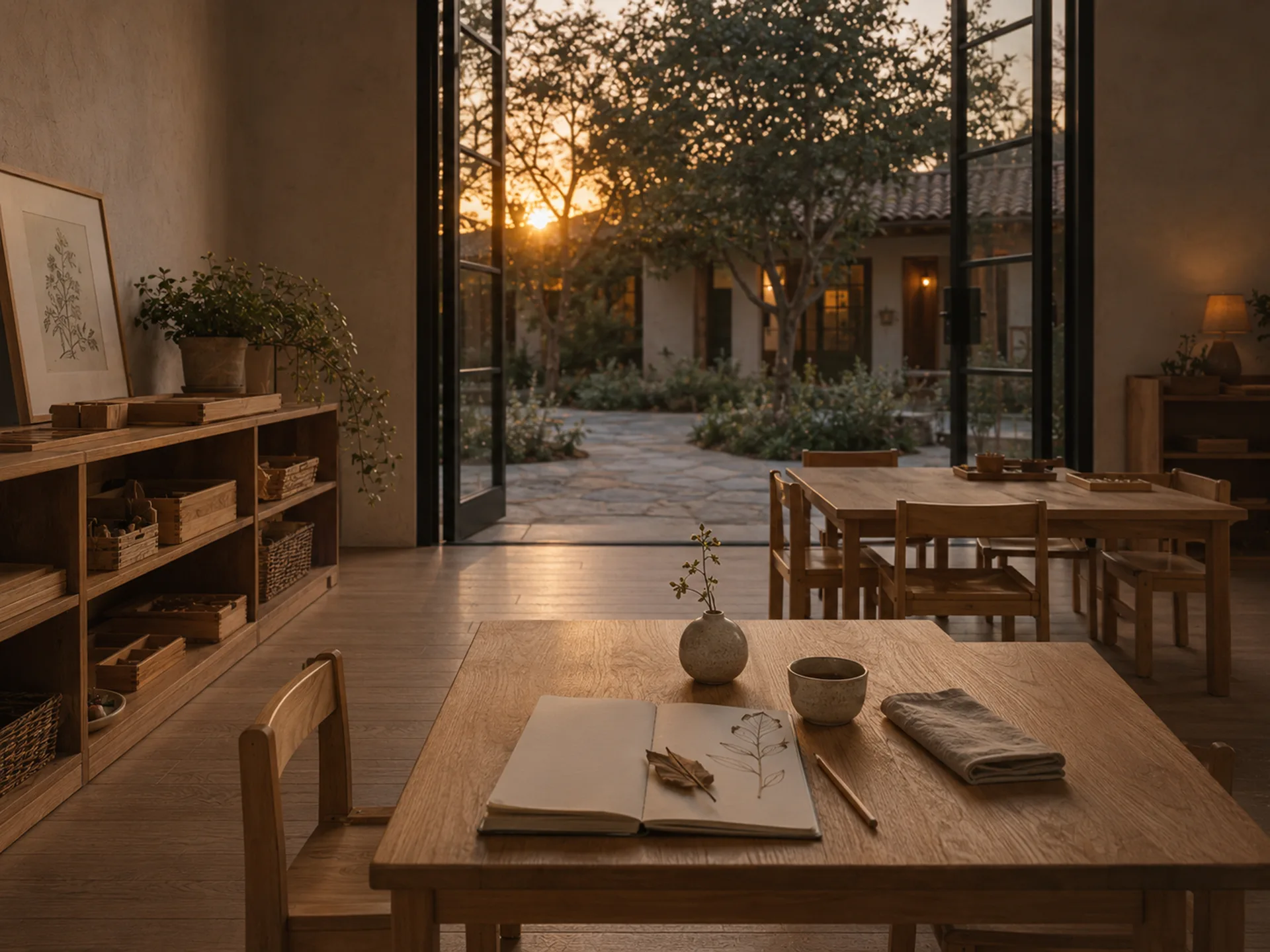The Bilton School — Primary classroom at golden hour with open doors to a stone courtyard, botanical study on a child-height table, and prepared environments in late sun
