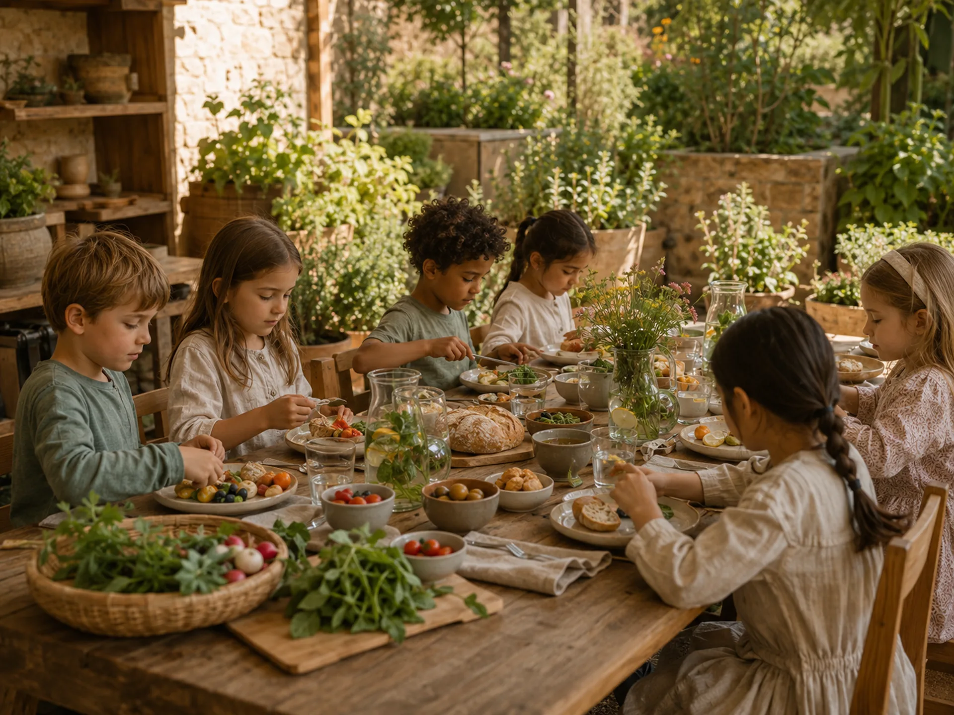 The Bilton School — Shared meal at a long outdoor table with bread, produce, and wildflowers in afternoon light