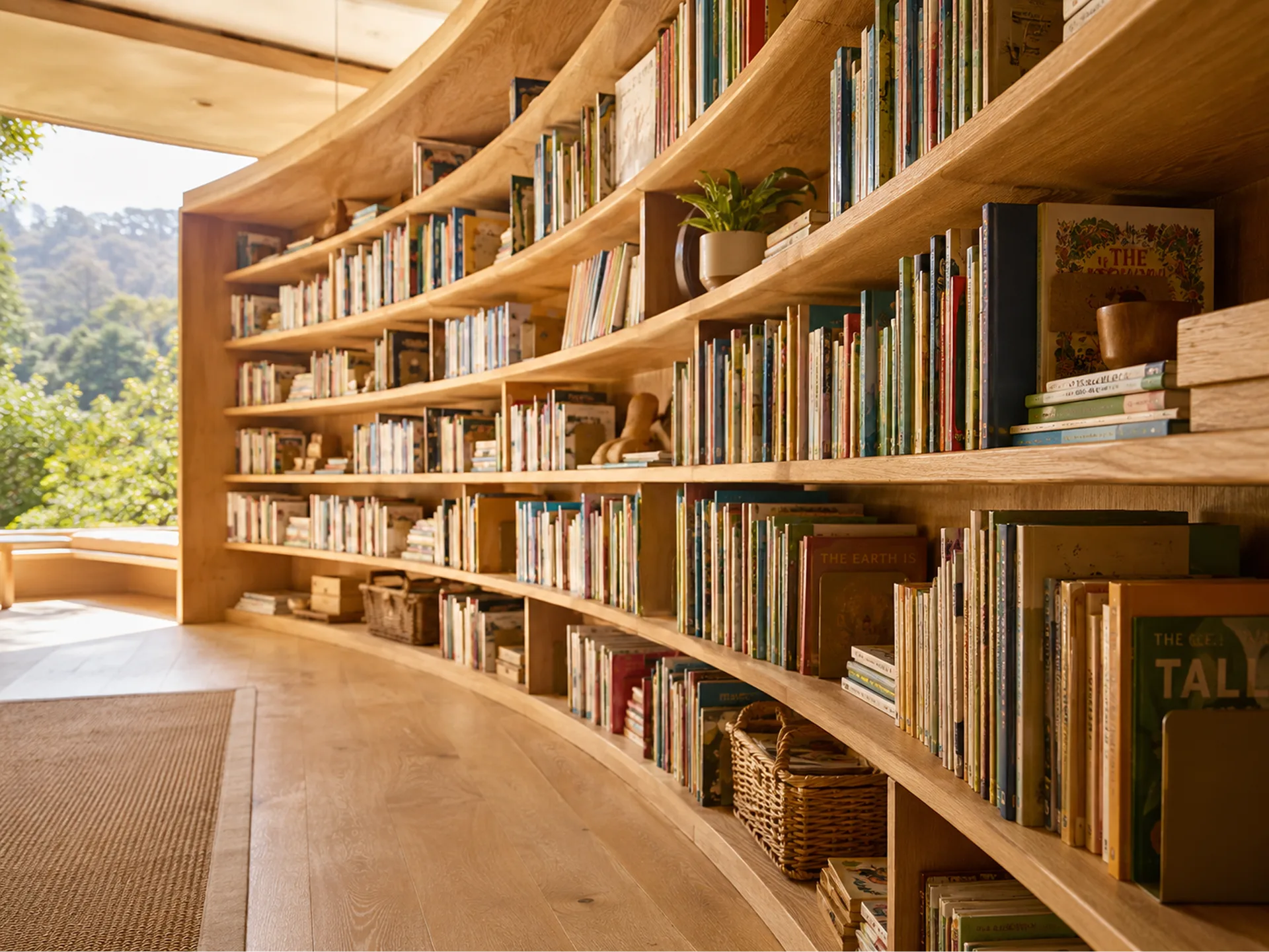 The Bilton School — Curved library with floor-to-ceiling books, natural wood shelving, and hillside views through tall windows