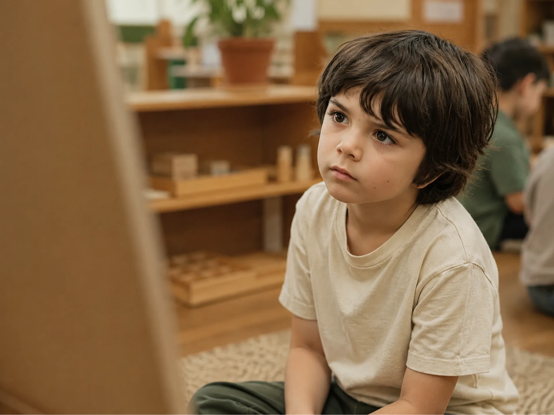 The Bilton School — Student in quiet concentration beside an easel in a prepared classroom with wooden shelves and natural materials
