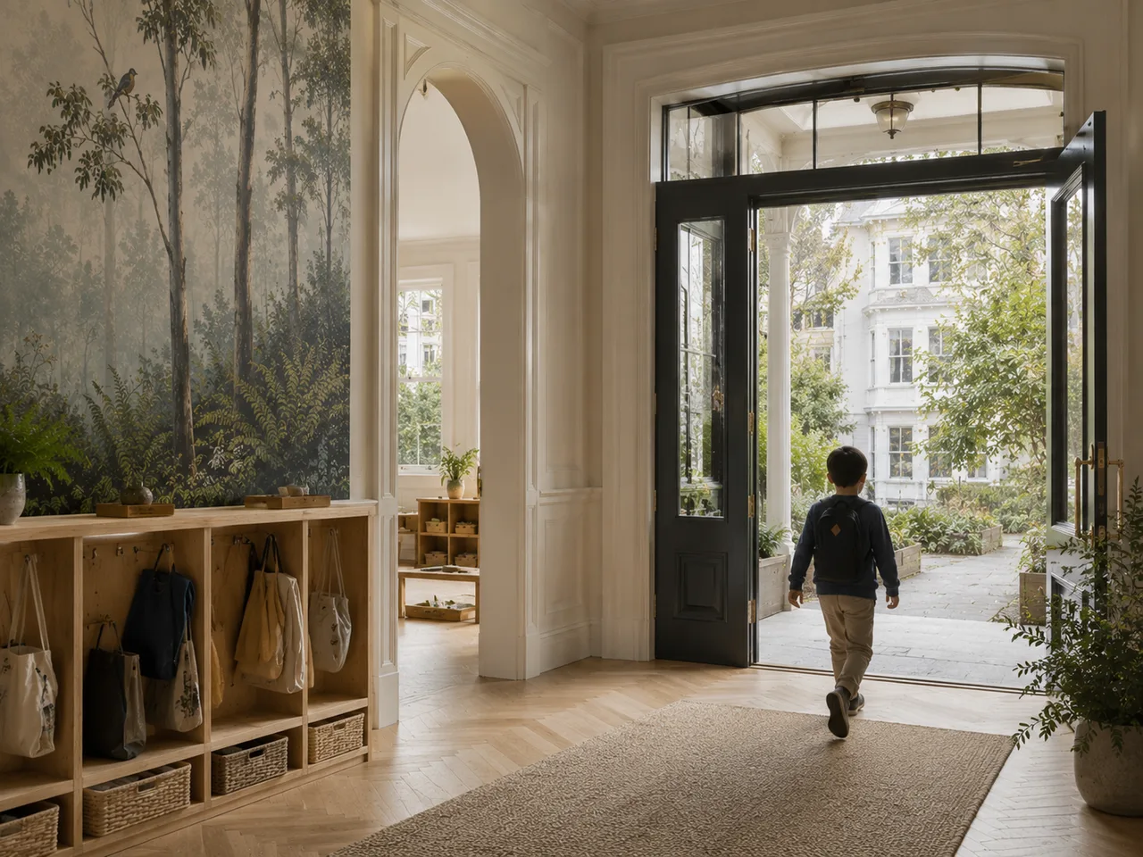 The Bilton School — Entry hall with herringbone floors, forest mural wall, and a student walking out to a tree-lined courtyard