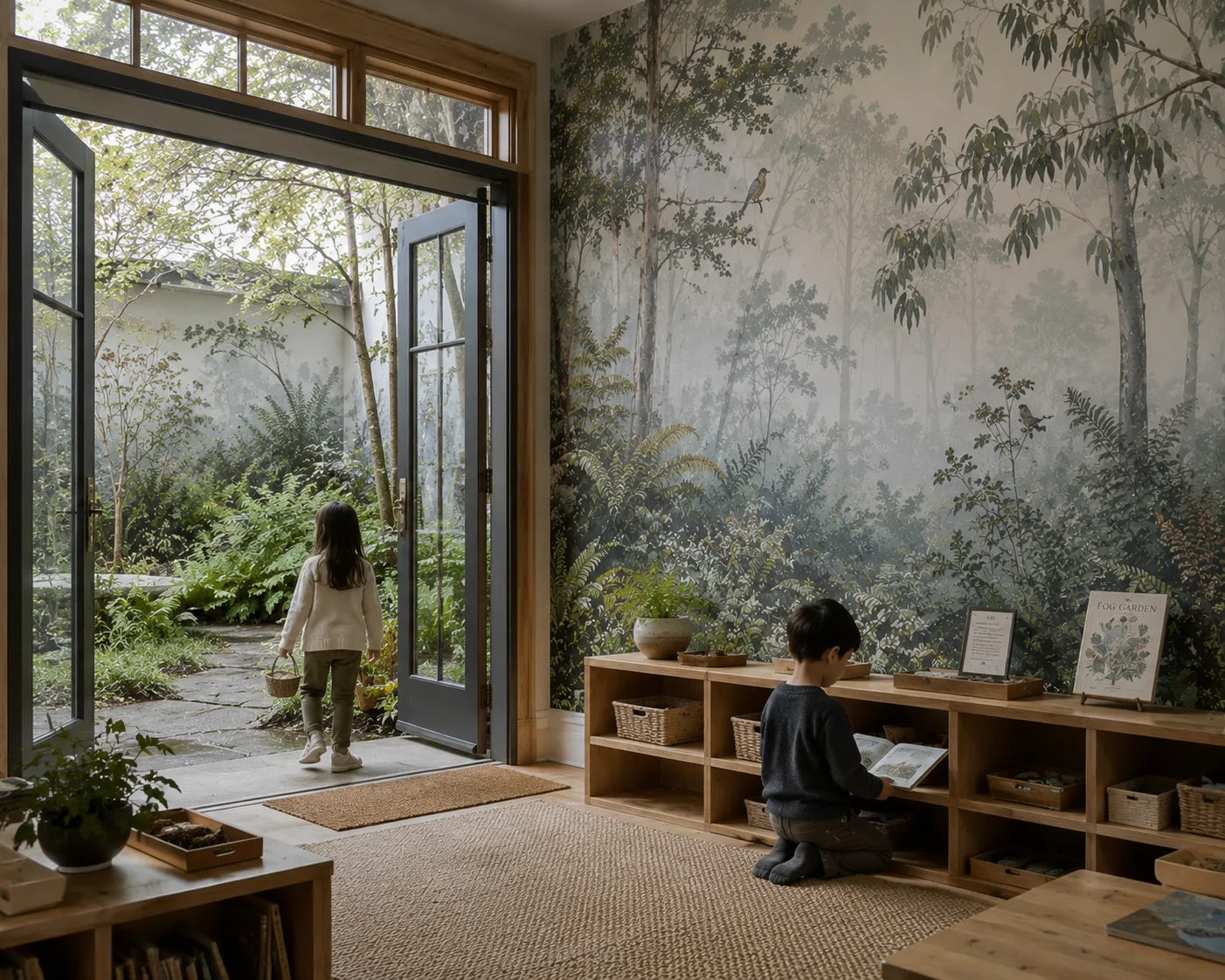 The Bilton School — Forest mural reading room with open glass doors to a fern garden and low wooden shelving with woven baskets