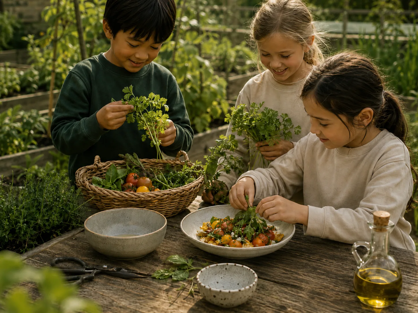The Bilton School — Garden harvest with children preparing a salad from tomatoes and herbs picked on campus