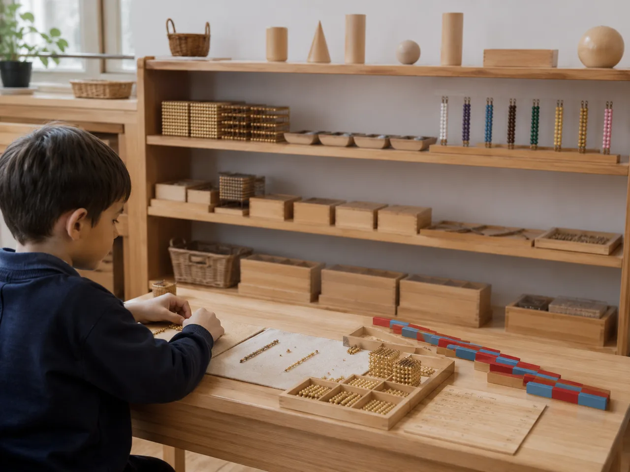 The Bilton School — Golden bead math materials on a wooden table with number rods and organized Montessori shelves behind