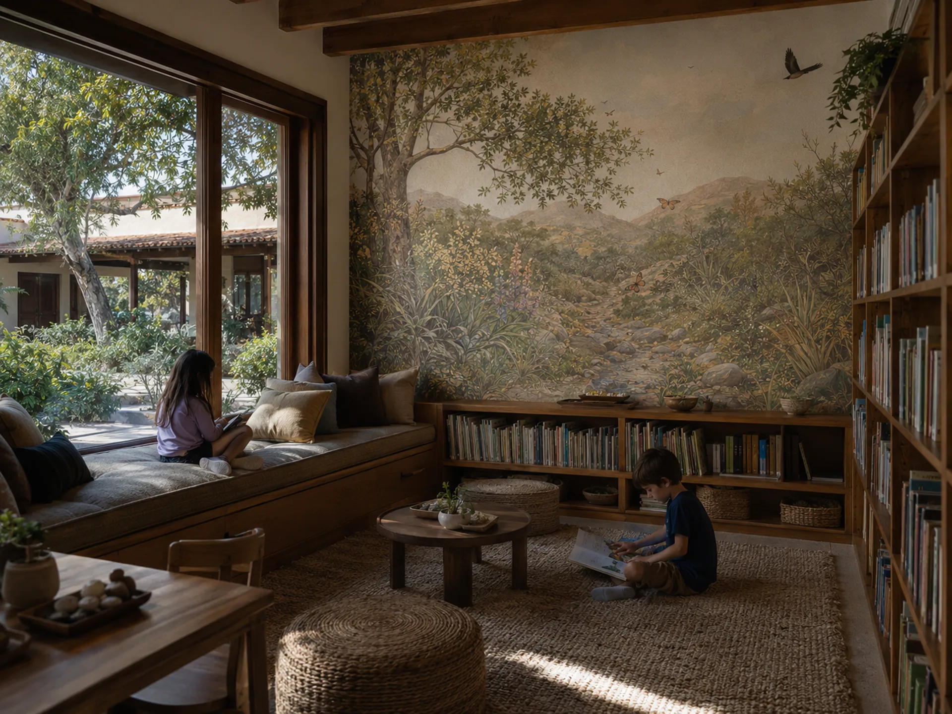The Bilton School — Reading room with a landscape mural, built-in window seat, and courtyard views through tall wood-framed windows