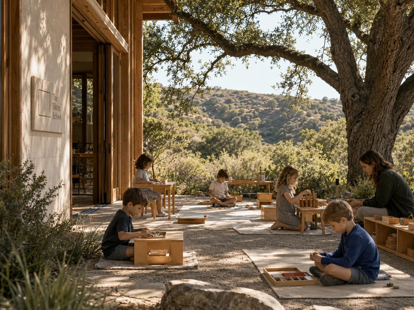 The Bilton School — Outdoor classroom under an oak tree with the Bilton School plaque and students at wooden work tables