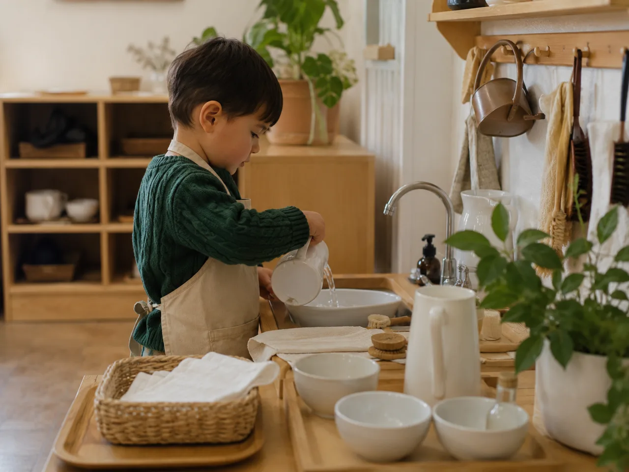 The Bilton School — Practical life at a child-height wooden sink with ceramic pitchers, bowls, and a young student pouring water