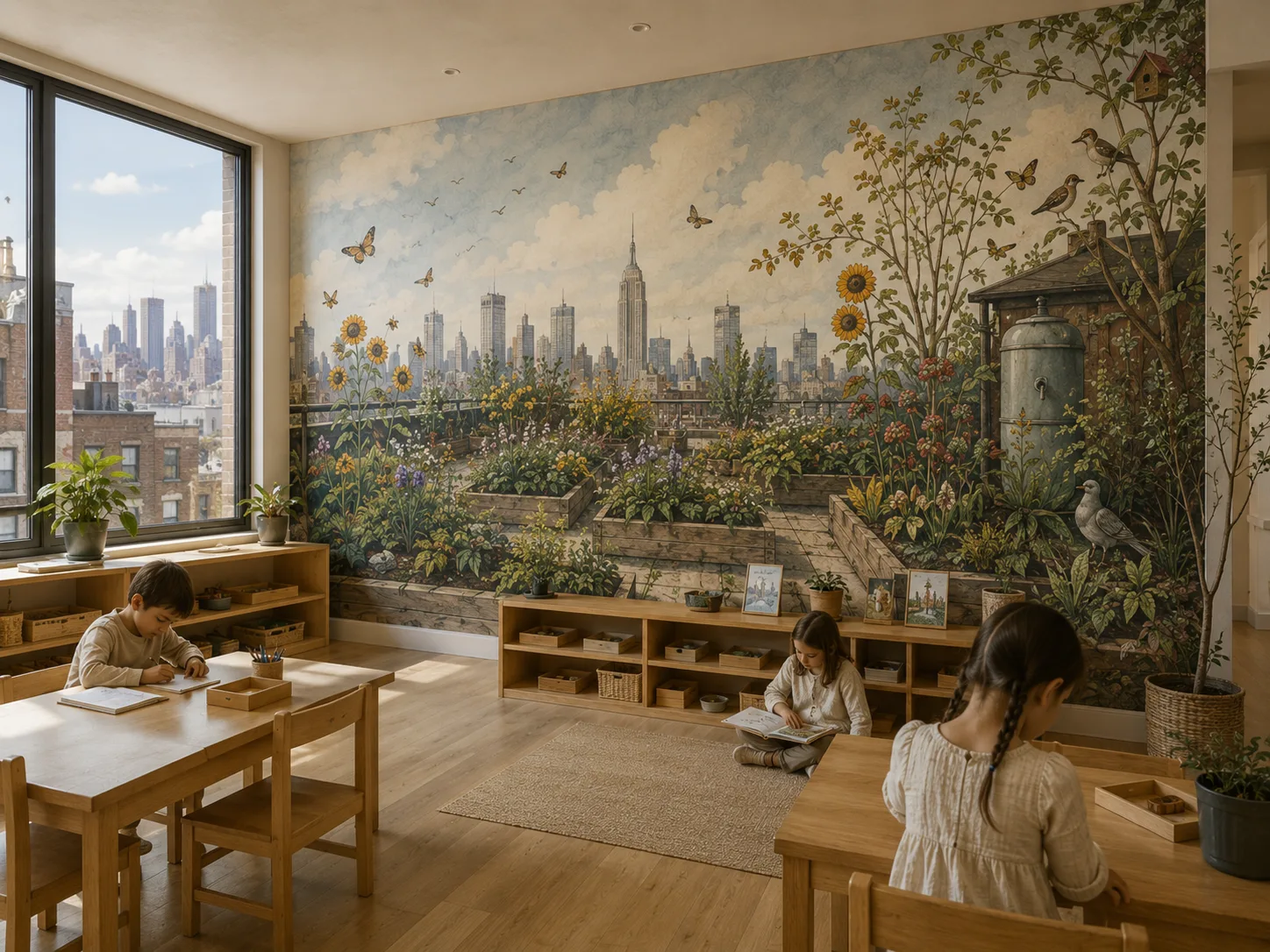 The Bilton School — Rooftop garden classroom mural with Manhattan skyline, planter beds, and students reading at wooden tables