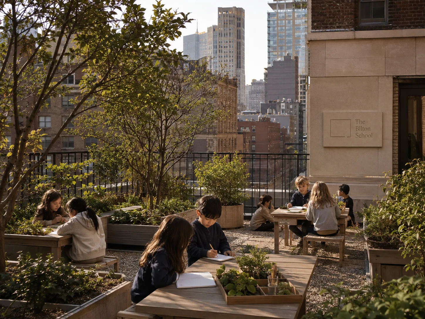 The Bilton School — Rooftop learning garden with The Bilton School signage, planter beds, and students working at weathered wood tables against the city skyline