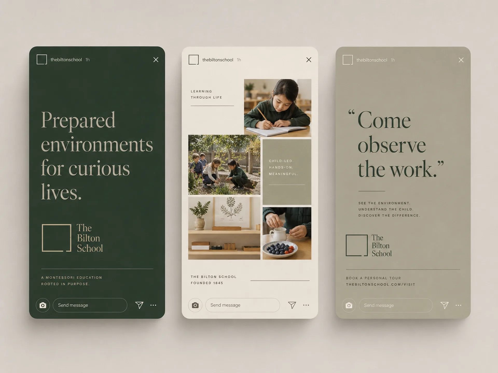 The Bilton School — Social voice system with prepared environments messaging, collage stories, and tour booking calls to action