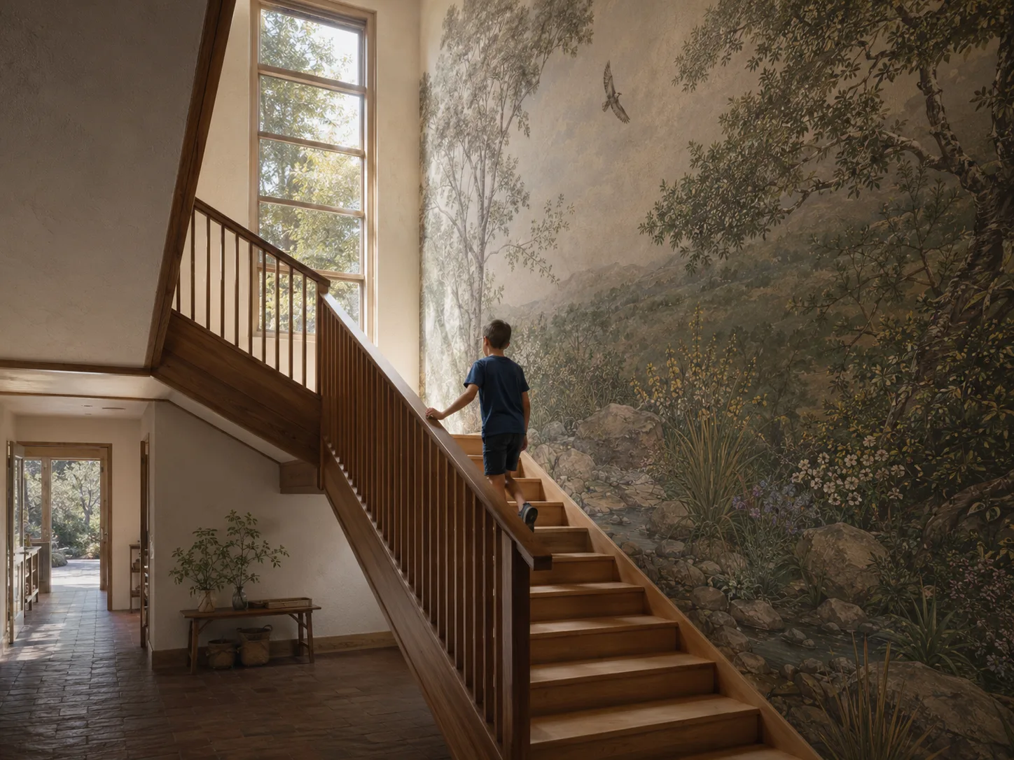 The Bilton School — Stair hall with a floor-to-ceiling landscape mural, wooden handrail, and a student climbing toward daylight