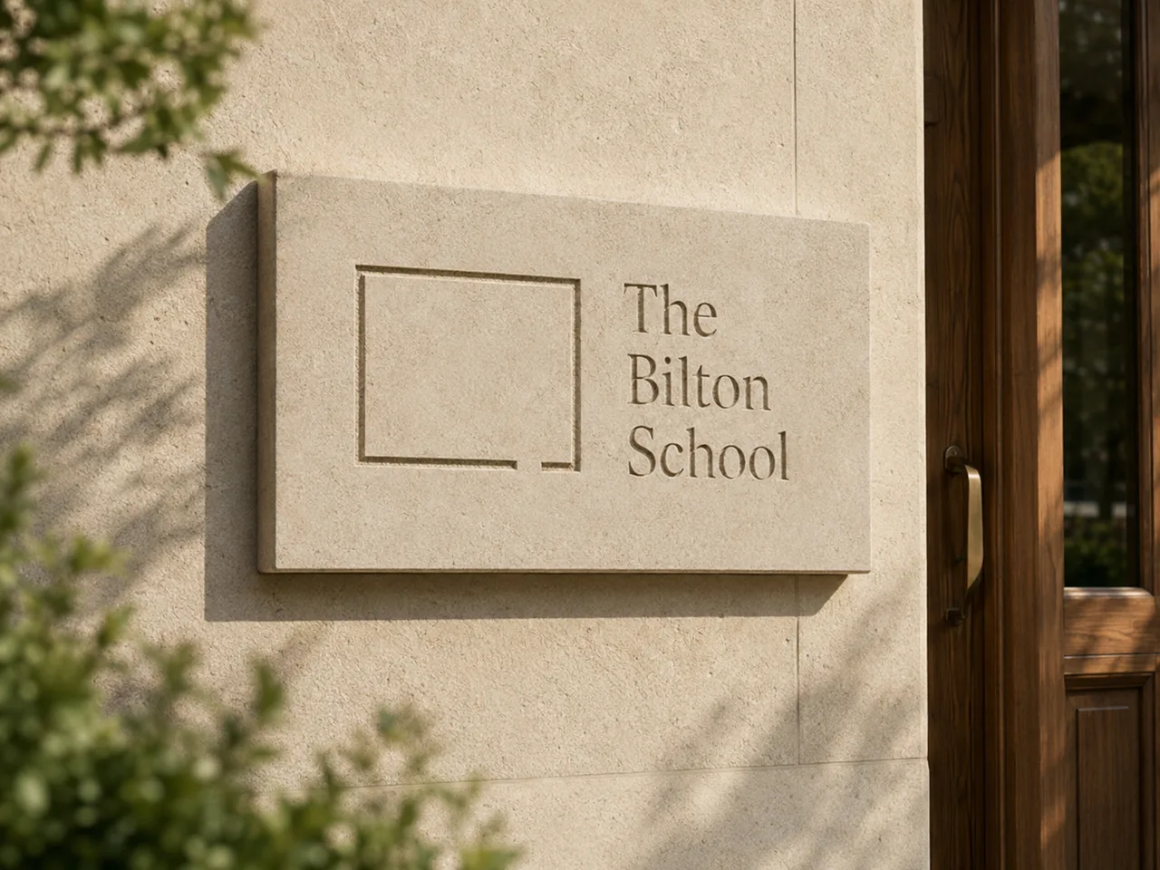 The Bilton School — Debossed limestone entry plaque with the Bilton wordmark and square mark beside a wood and glass door