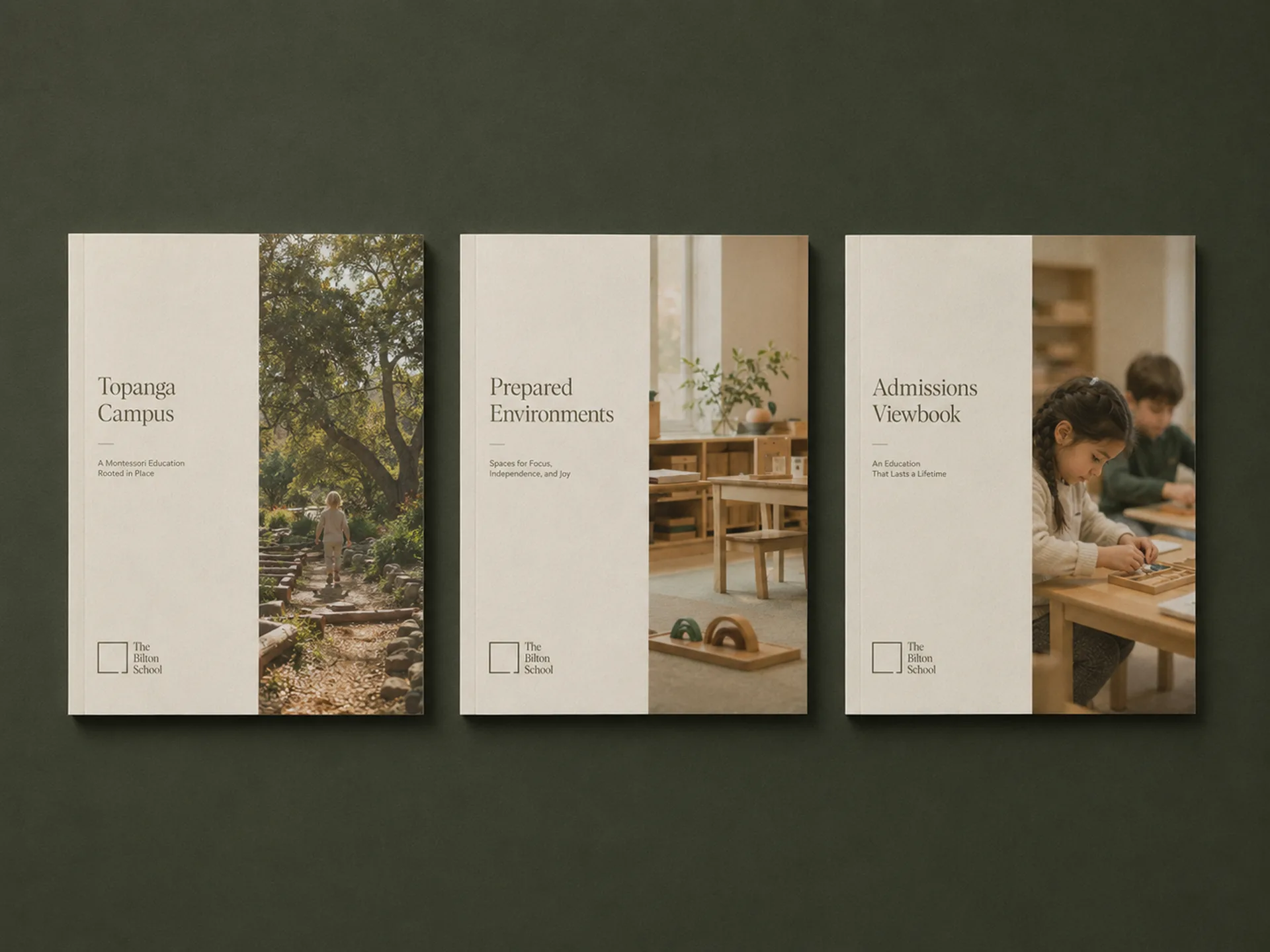 The Bilton School — Viewbook family for Topanga Campus, Prepared Environments, and Admissions with serif headlines and campus photography