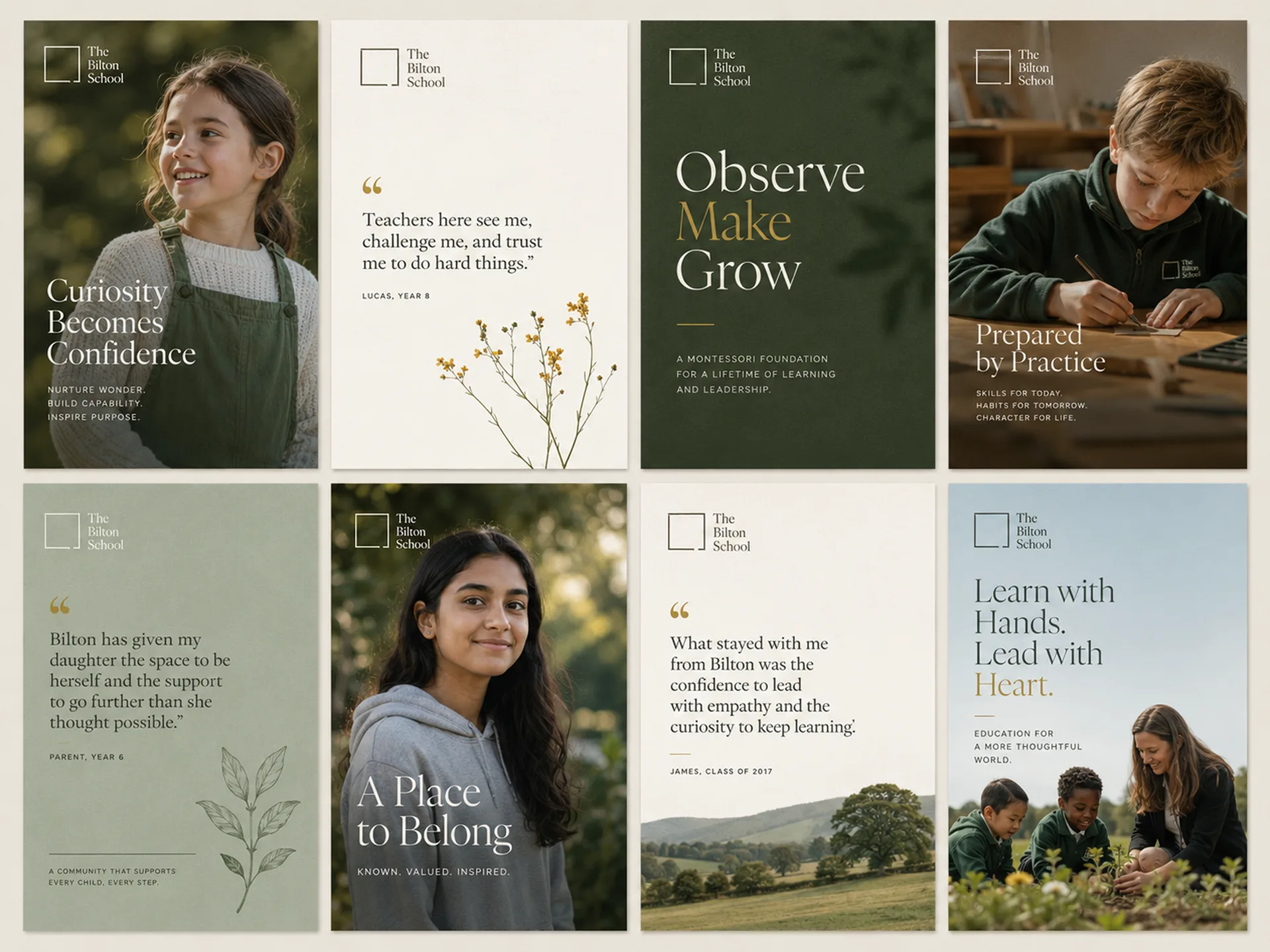 The Bilton School — Voice and messaging grid with student, parent, and alumni quotes, campaign headlines, and botanical illustration accents