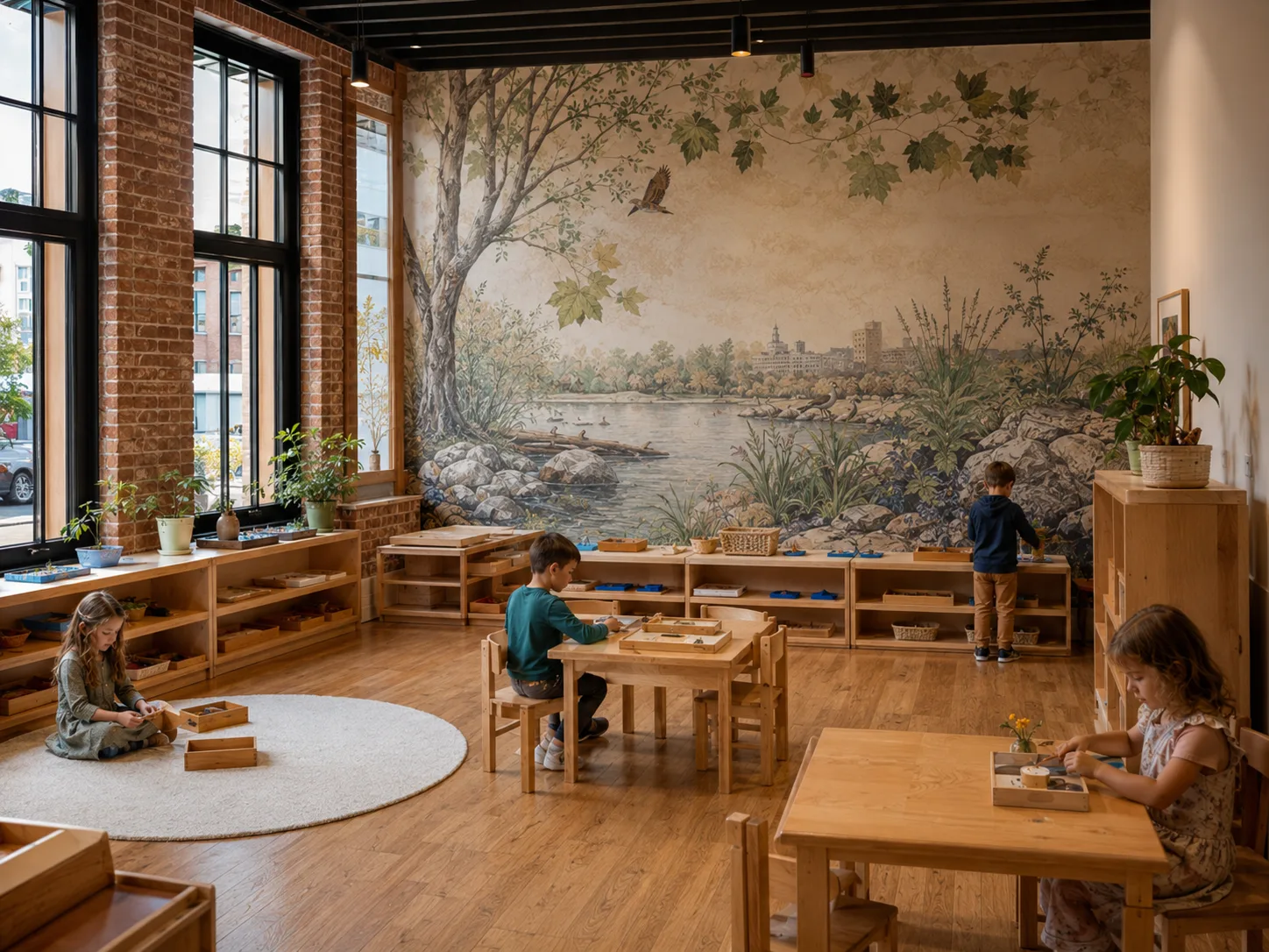 The Bilton School — Brick-and-beam classroom with river-city mural and students at work