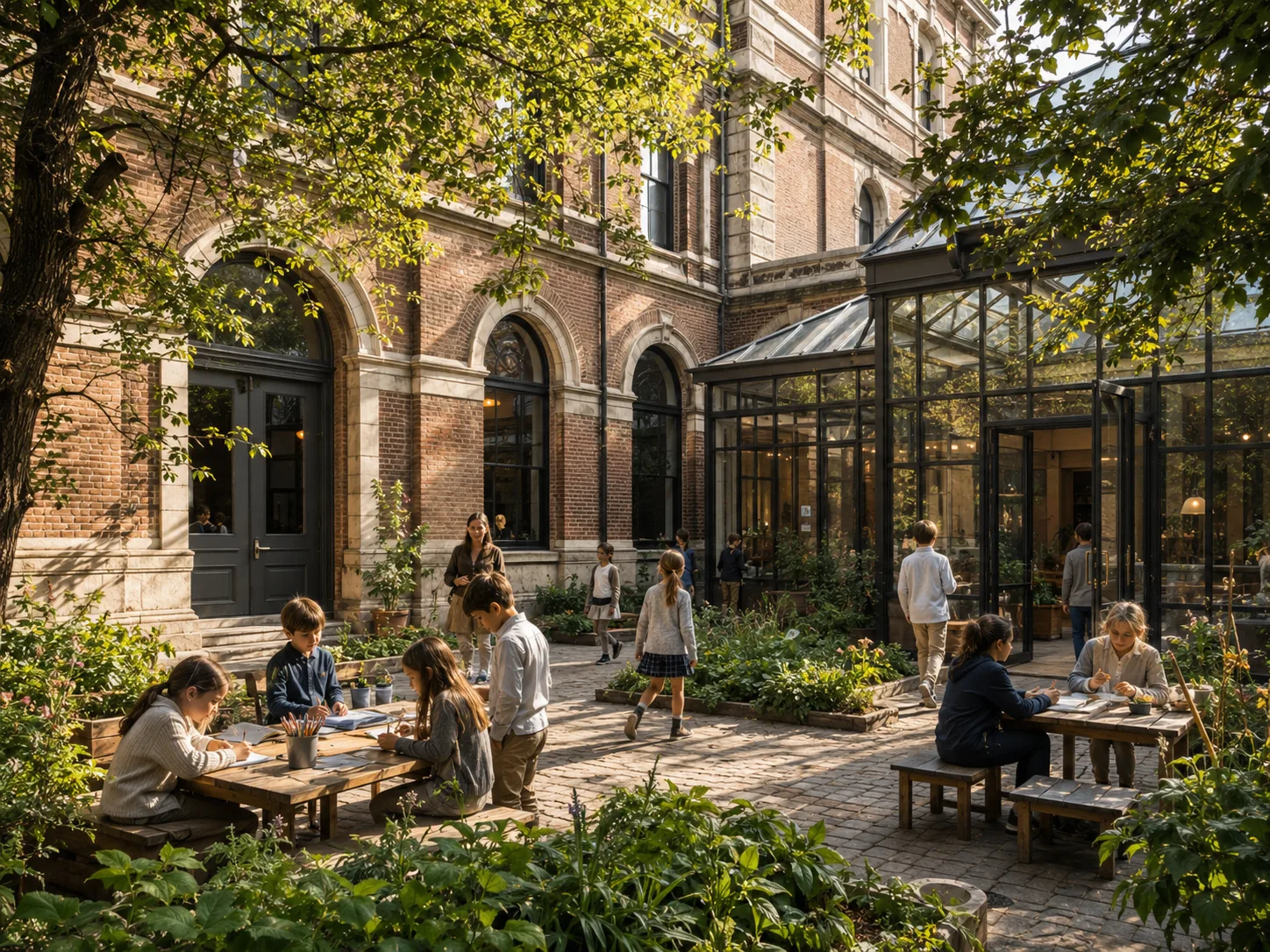 The Bilton School — Brick courtyard with glass conservatory and students at outdoor study tables