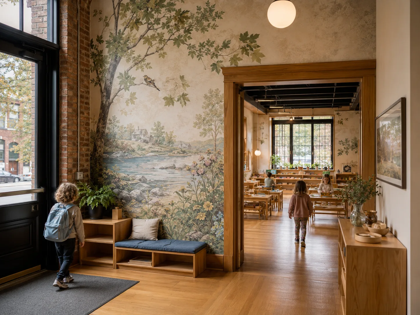 The Bilton School — Brick entry with pastoral mural bench and open door into a sunlit classroom