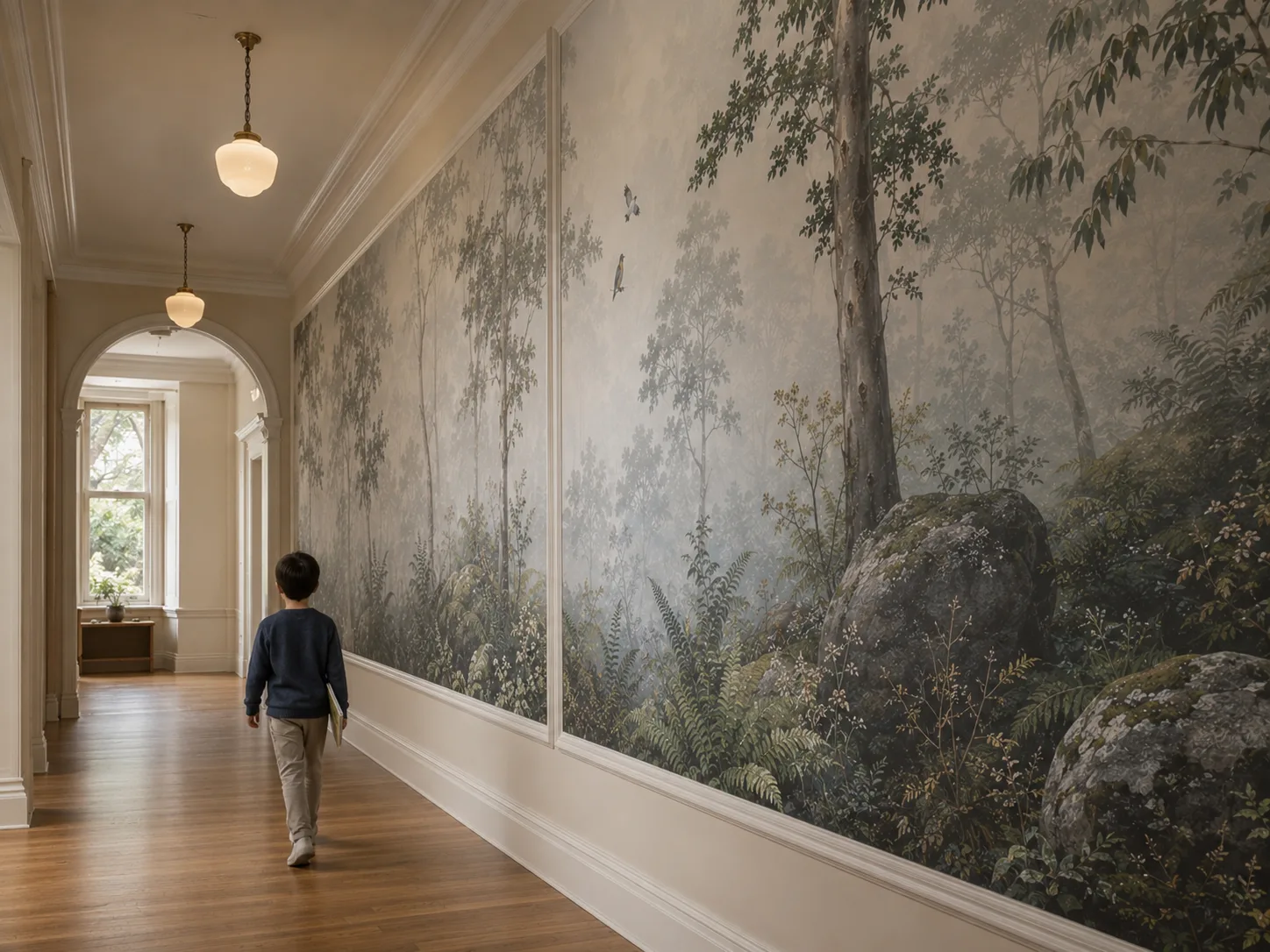 The Bilton School — Grand hallway with forest mural, globe pendants, and a student walking toward class