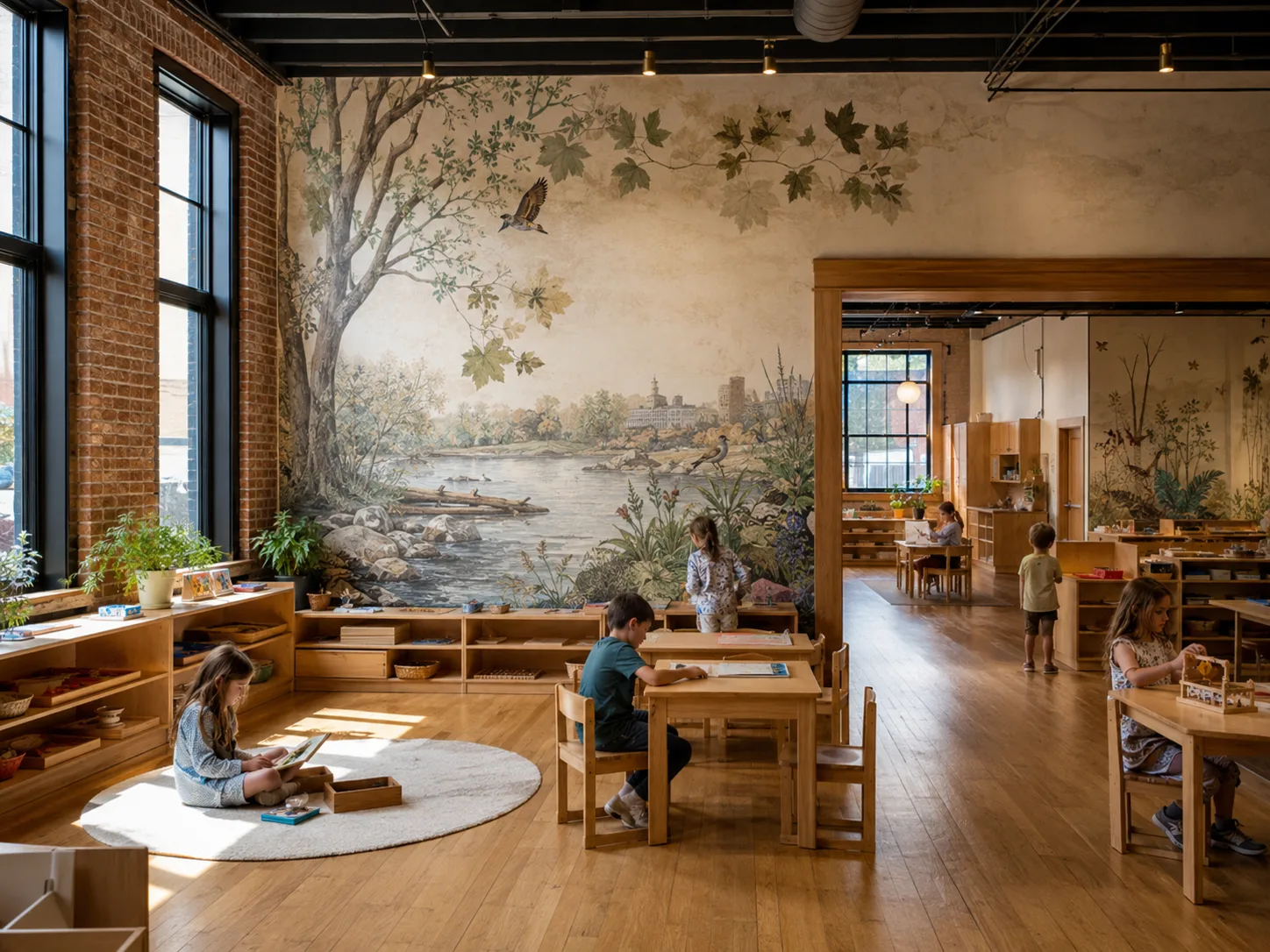 The Bilton School — Exposed-brick classroom with river mural and open connection to adjoining learning spaces