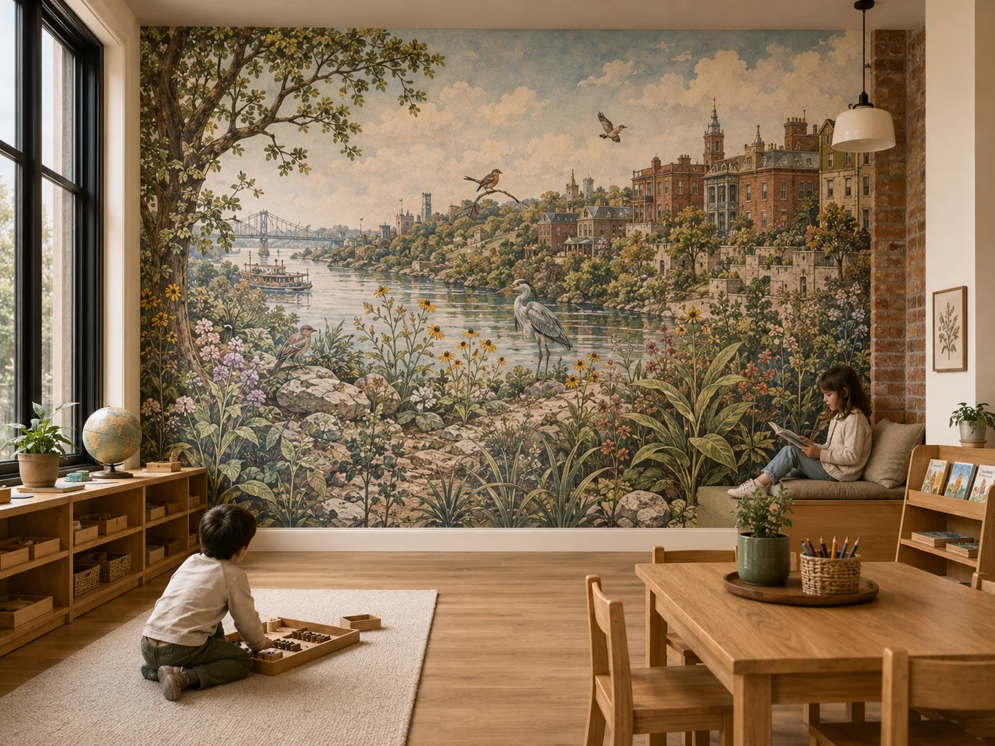 The Bilton School — Classroom with Ohio River landscape mural, steamboat, and historic river-city skyline