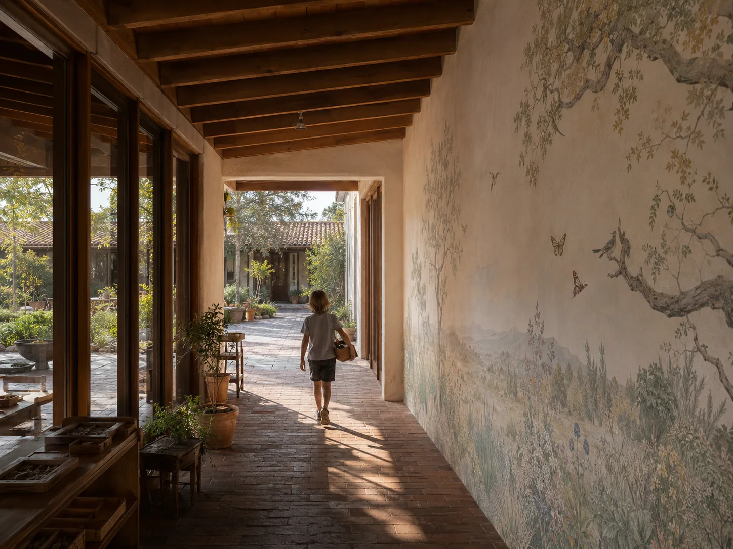 The Bilton School — Brick breezeway with landscape mural as a student carries work toward the courtyard