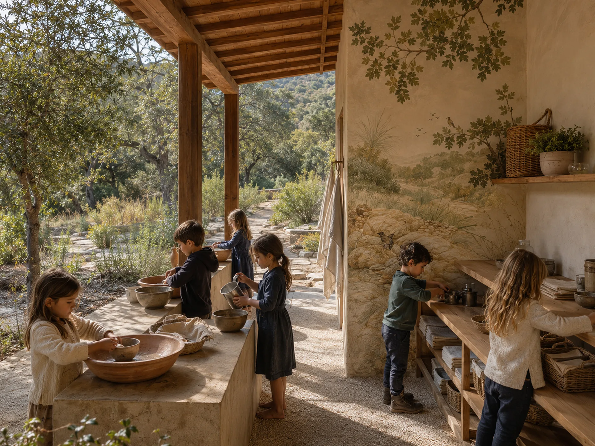 The Bilton School — Outdoor practical-life pavilion with timber beams, mural wall, and water stations