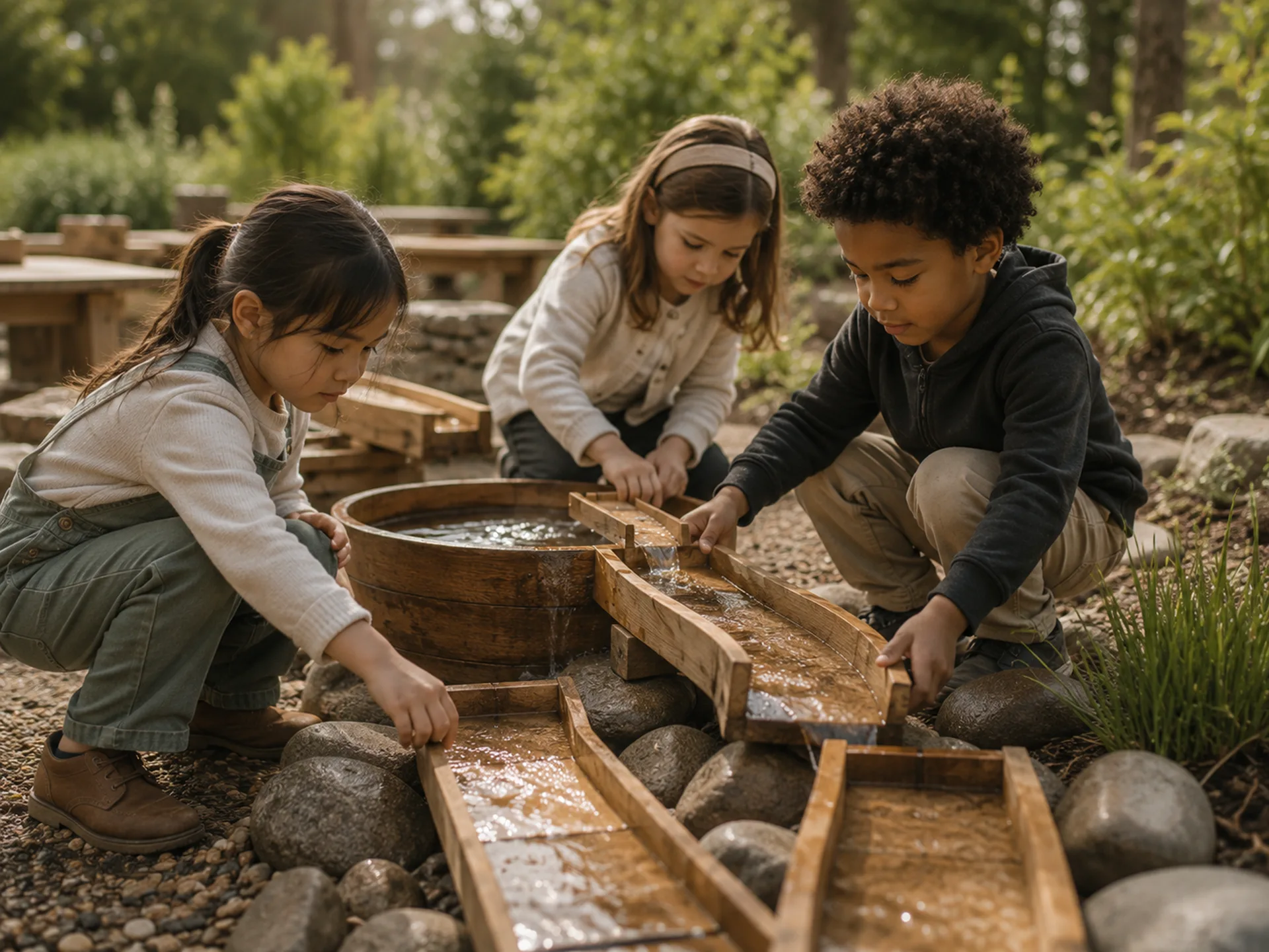 The Bilton School — Collaborative water-work station with wooden chutes and river stones