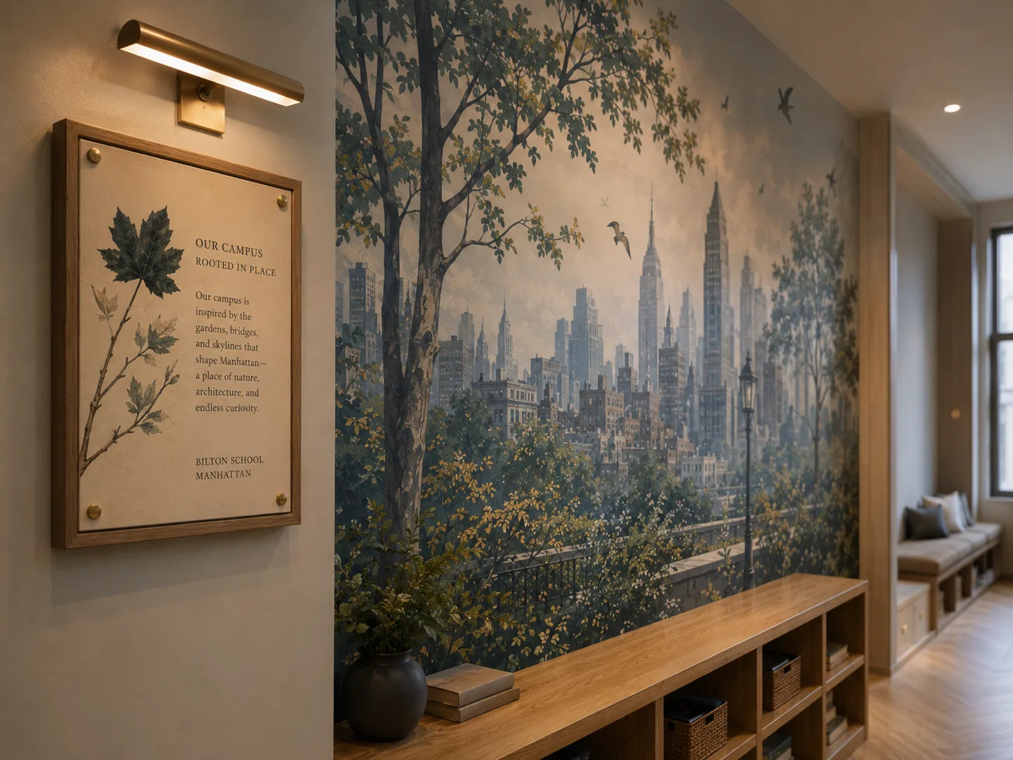The Bilton School — Manhattan campus signage and Central Park skyline mural in the entry hall