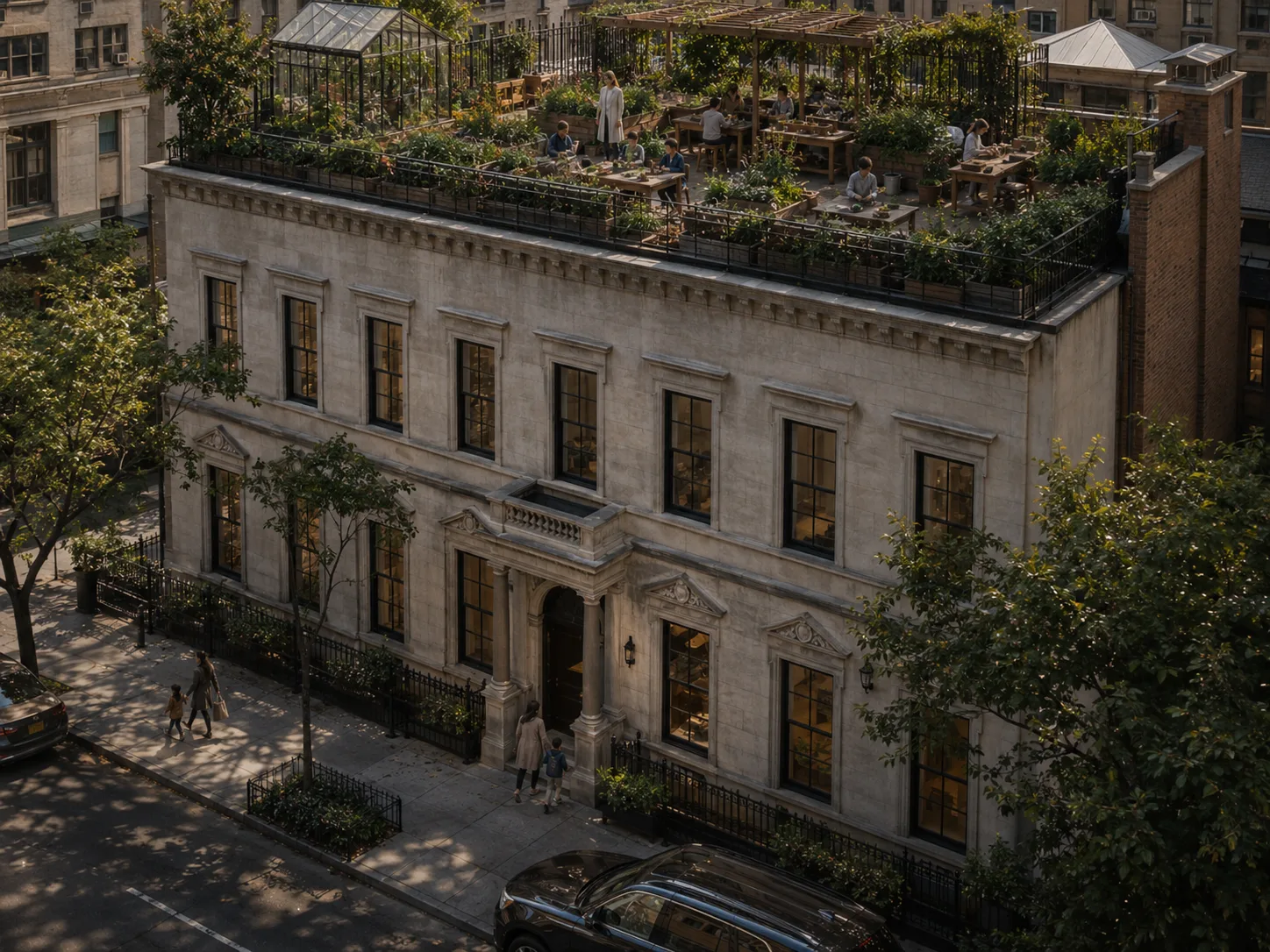 The Bilton School — Classic stone building with rooftop garden classrooms and planter beds